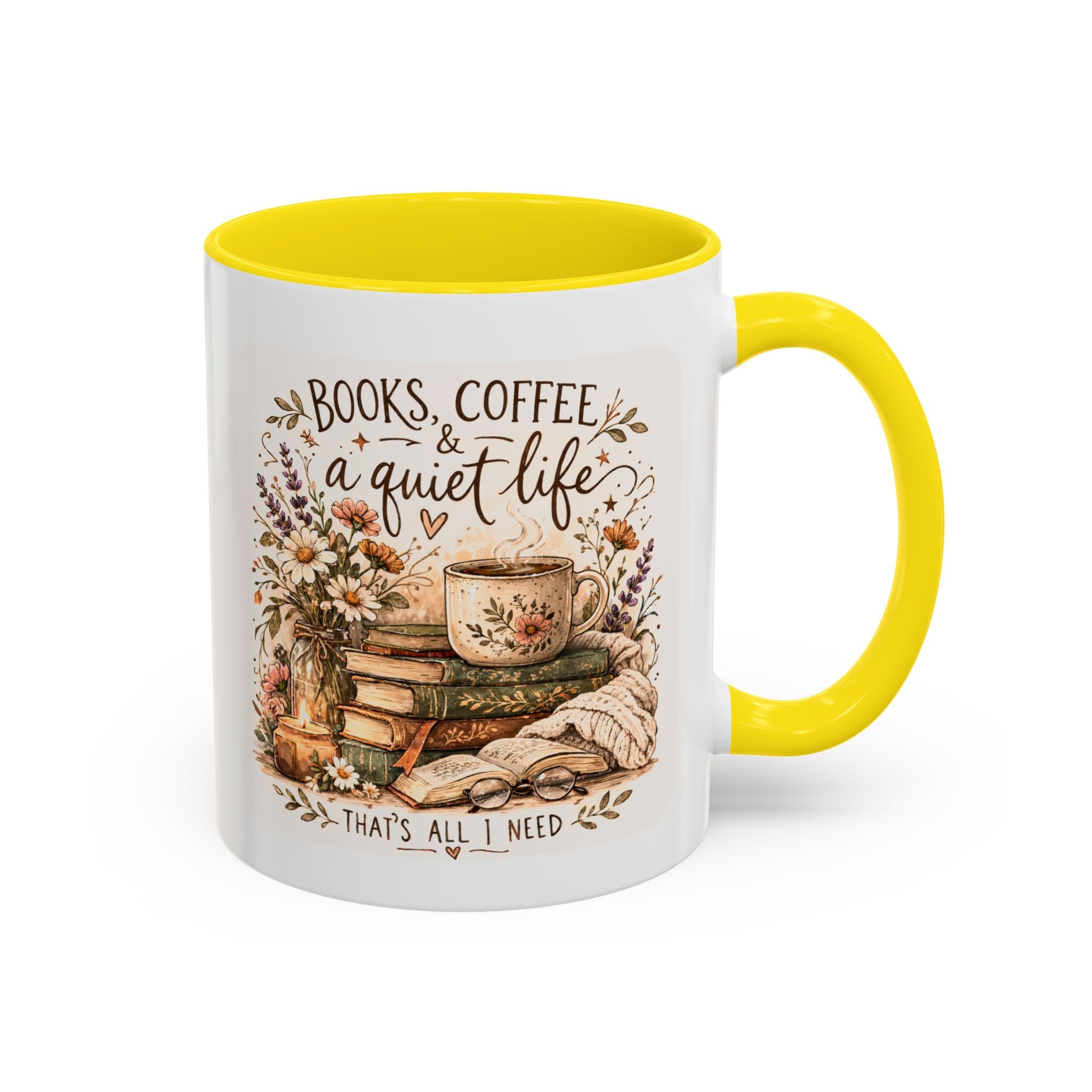 Books, Coffee & A Quiet Life Accent Coffee Mug — Cozy Literary Tea Cup (11/15oz)