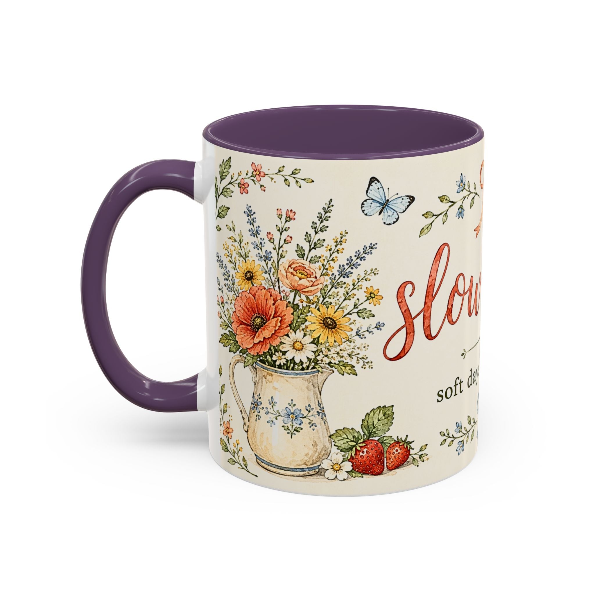 Slow Living Coffee Mug — "soft days, simple joys" Floral Accent Mug