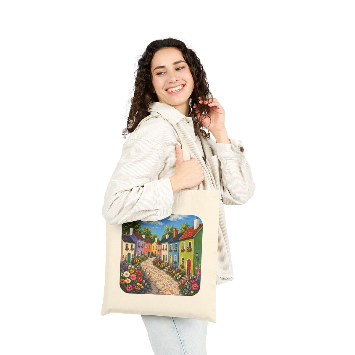 Cottage Lane Canvas Tote — Colorful Village Floral Market Bag
