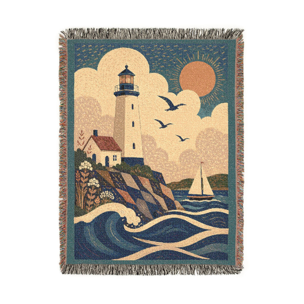 Lighthouse Coastal Woven Blanket — Nautical Sunset Throw
