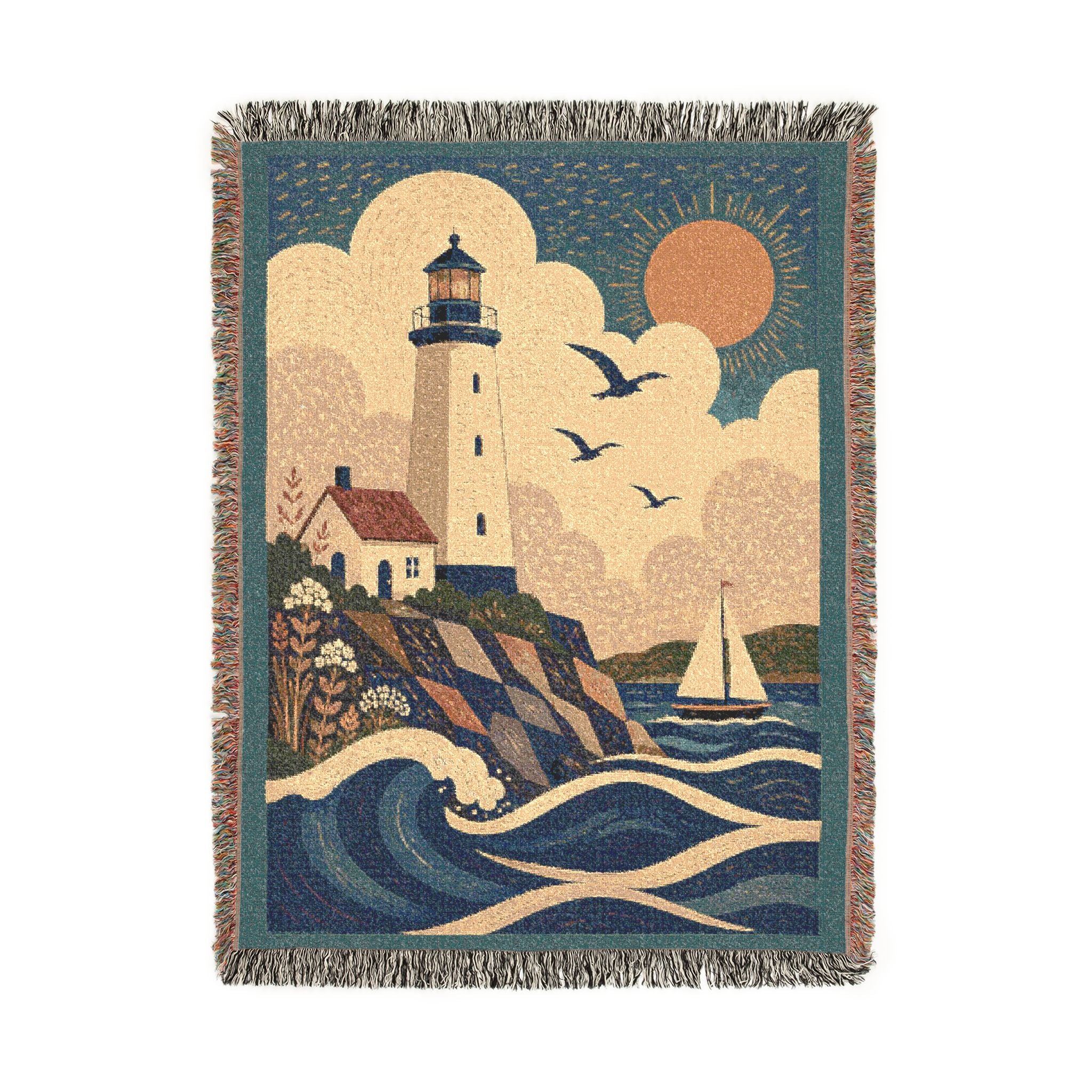 Lighthouse Coastal Woven Blanket — Nautical Sunset Throw