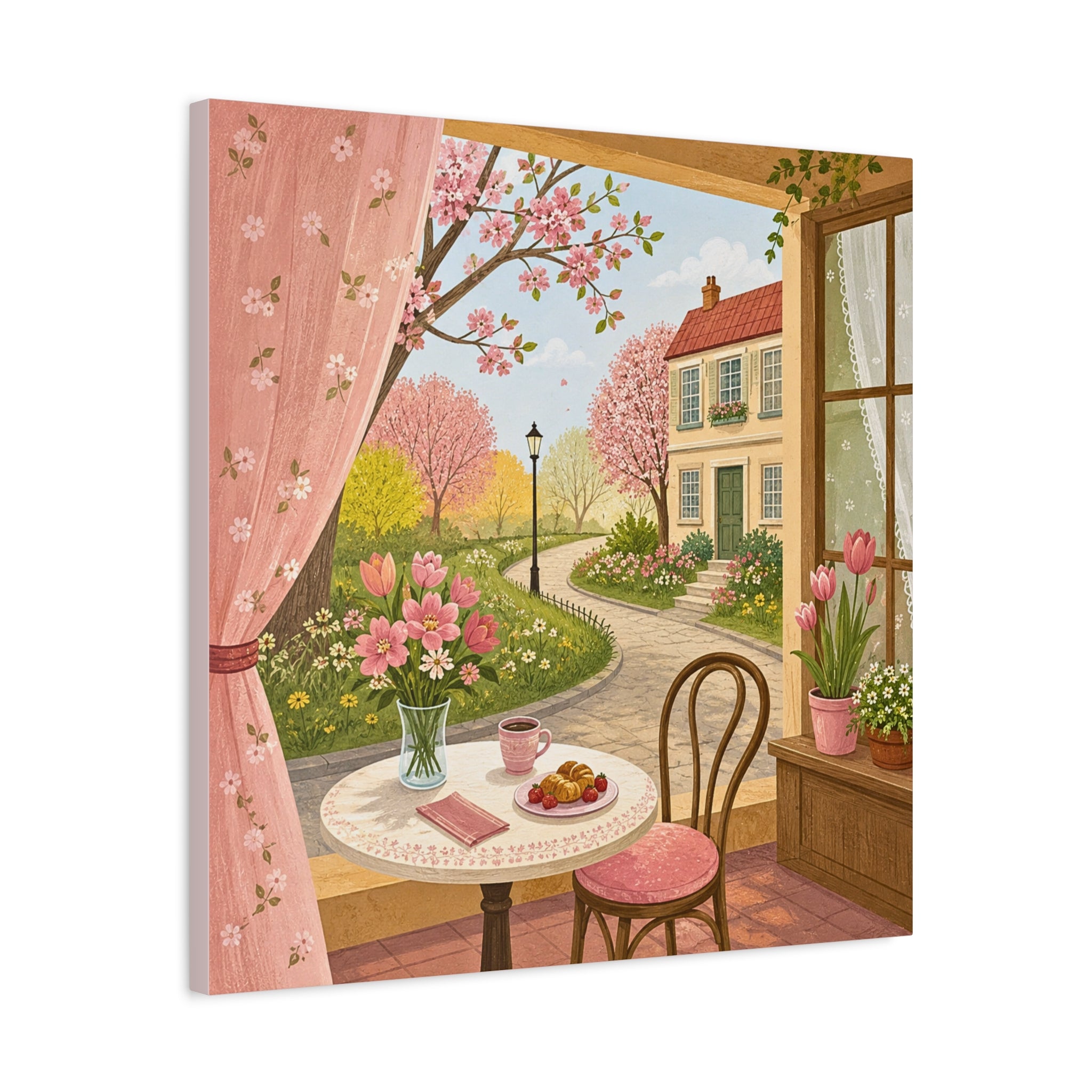 Spring Cottage Café Canvas Wall Art — Cozy Window Scene with Flowers and Pastries
