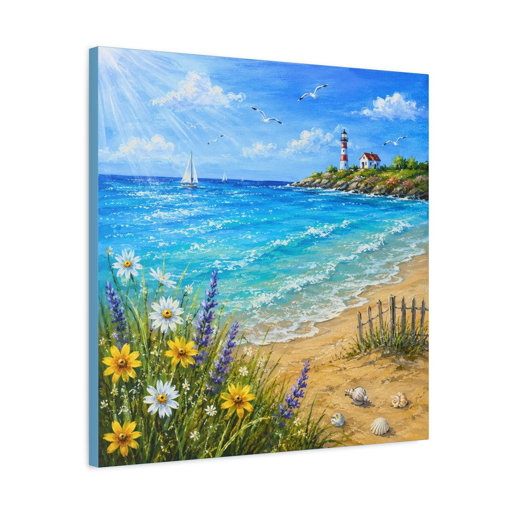 Coastal Lighthouse Beach Canvas Print — Seaside Floral Wall Art (Matte Stretched)