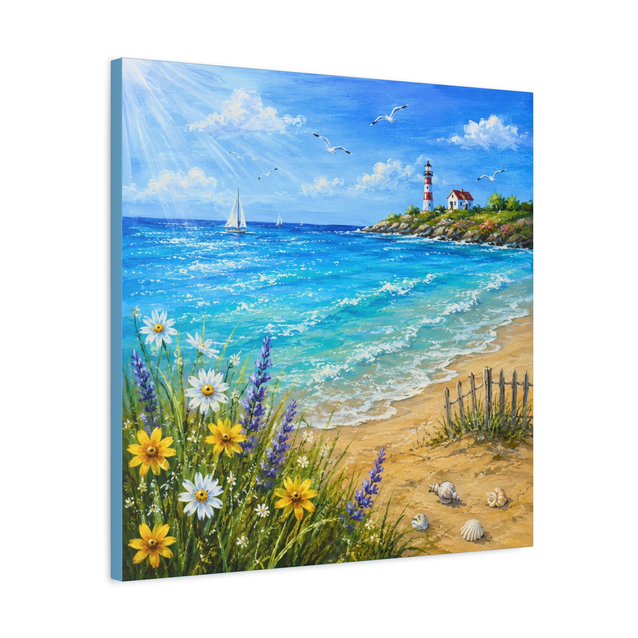 Coastal Lighthouse Beach Canvas Print — Seaside Floral Wall Art (Matte Stretched)