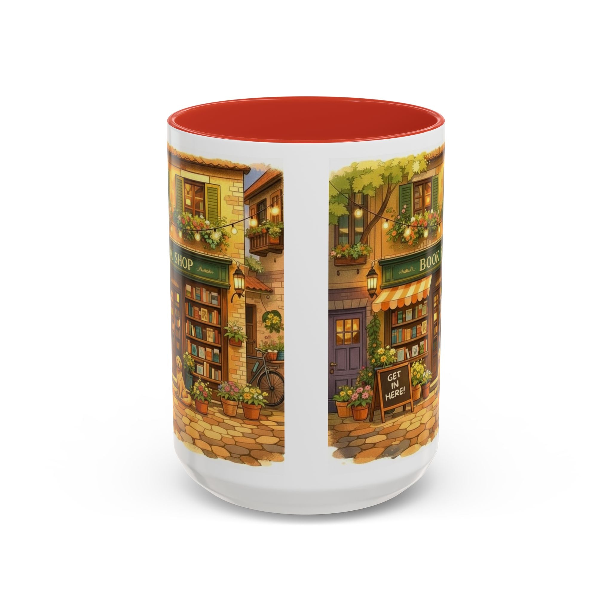 Bookshop Coffee Mug — Cozy Village Bookstore Illustration Accent Mug for Book and Dog Lovers (15oz)