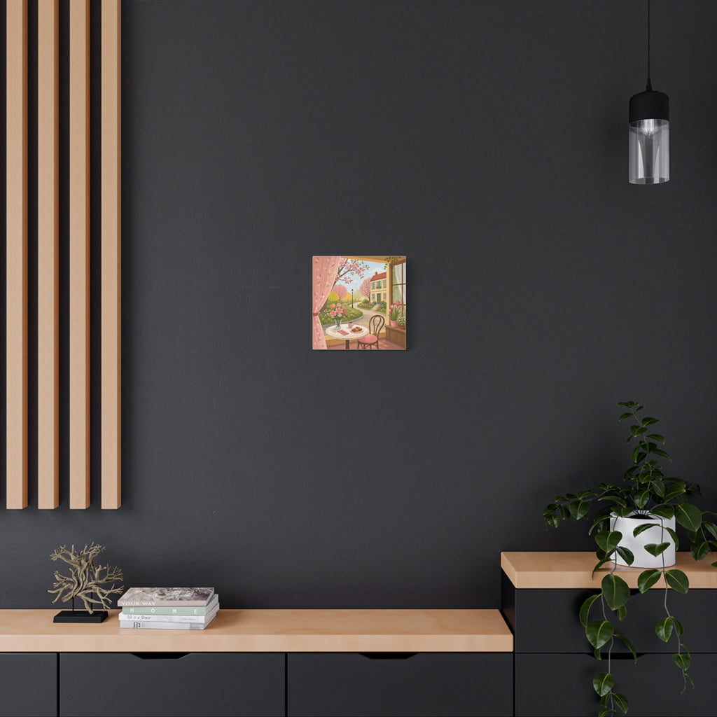 Spring Cottage Café Canvas Wall Art — Cozy Window Scene with Flowers and Pastries