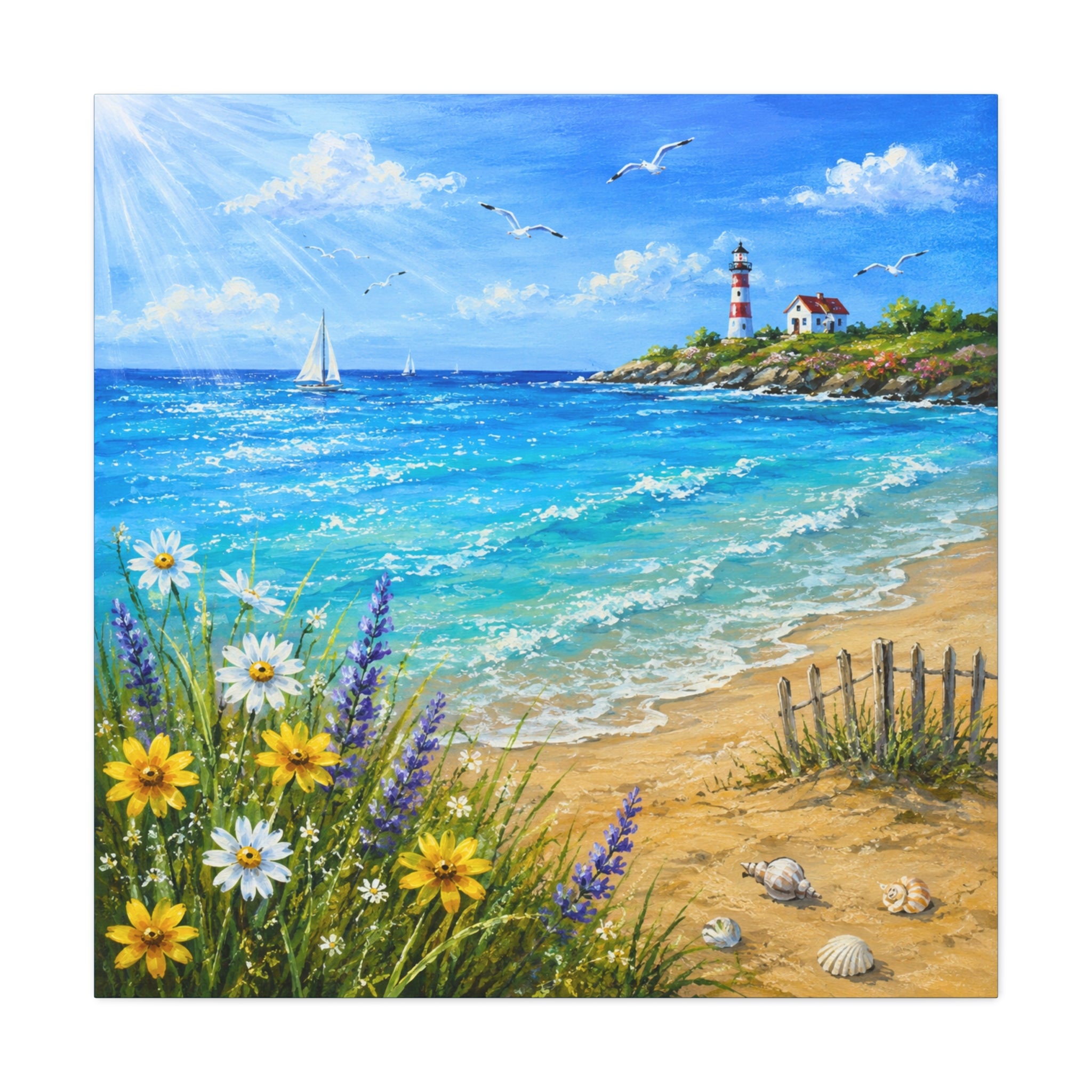 Coastal Lighthouse Beach Canvas Print — Seaside Floral Wall Art (Matte Stretched)