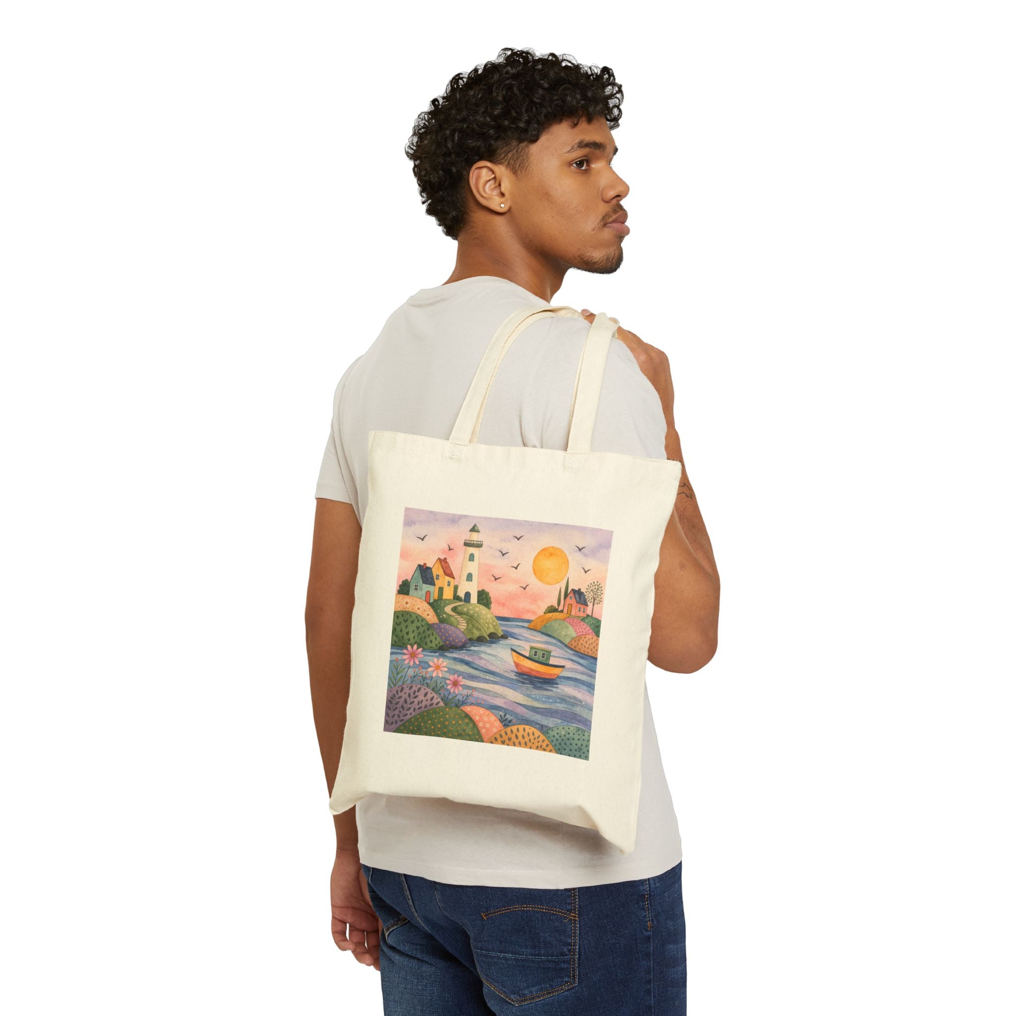 Coastal Sunset Canvas Tote — Scenic Lighthouse & Boat Beach Bag