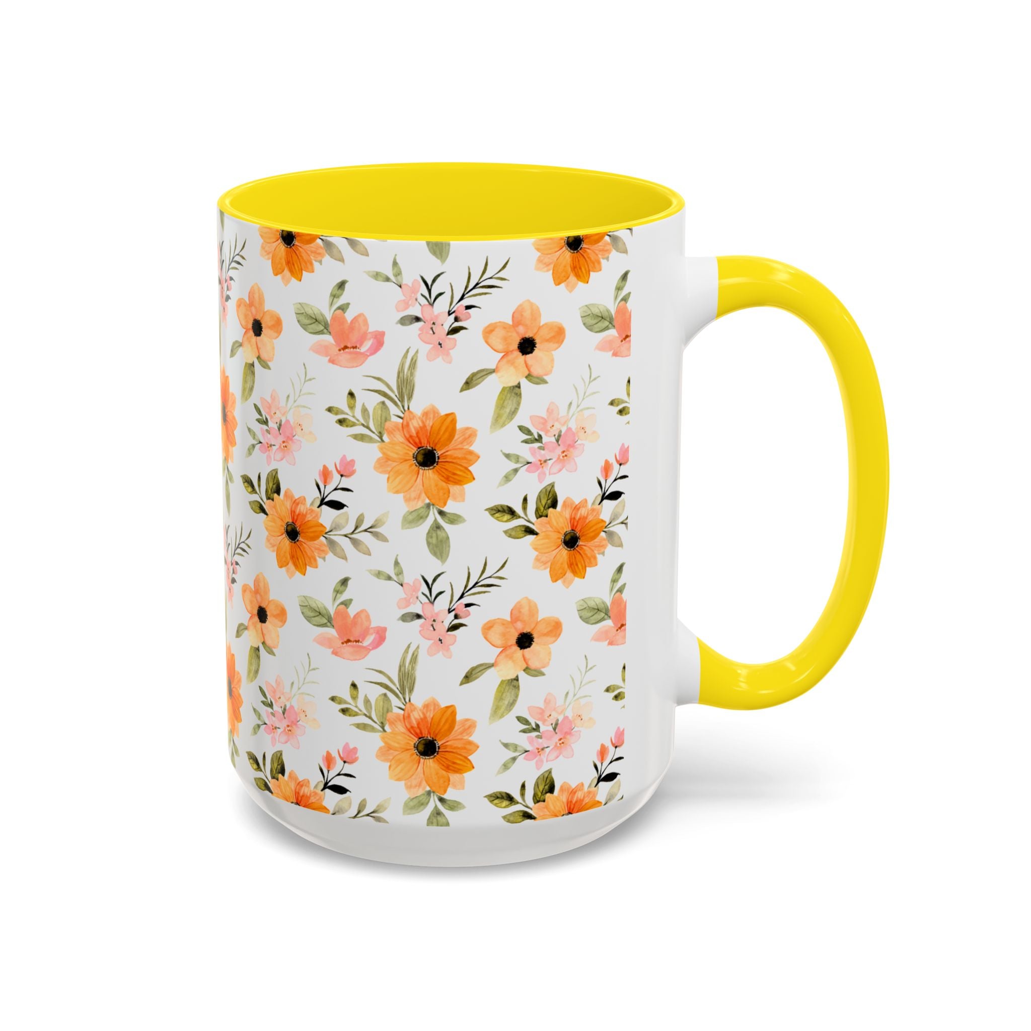 Floral Orange Watercolor Accent Mug — Bright Spring Coffee Cup (11/15 oz)