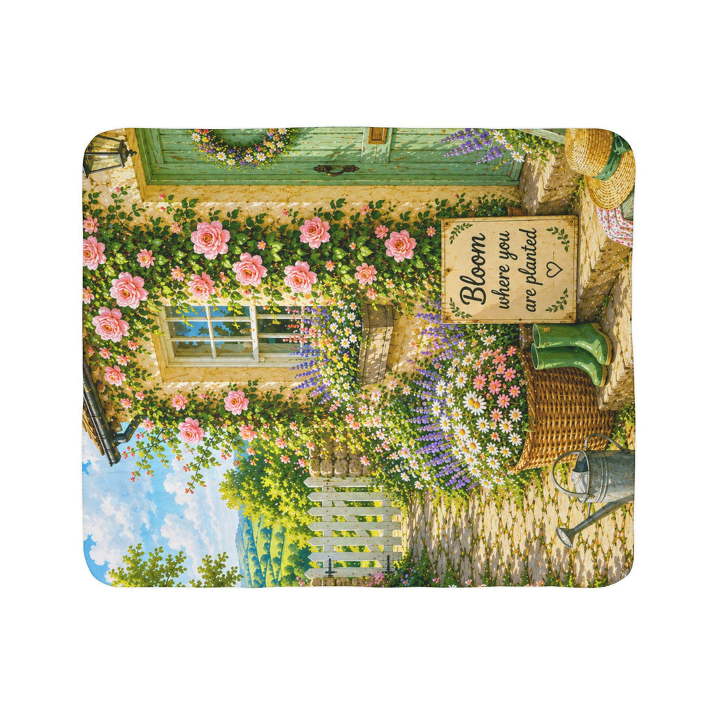 Bloom Where You’re Planted Sherpa Blanket — Cottage Garden Floral Fleece Throw