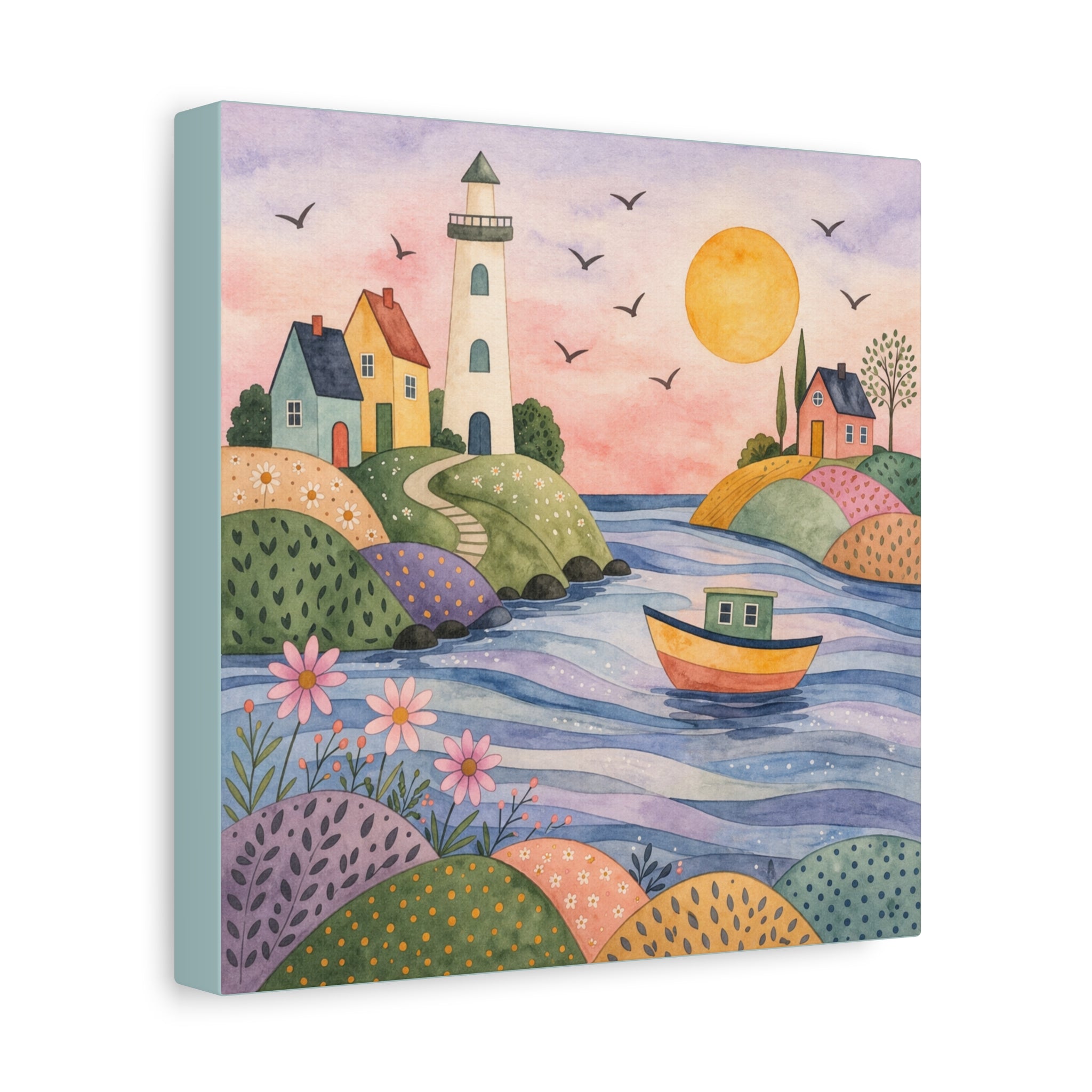 Coastal Lighthouse Art Canvas - Whimsical Seaside Watercolor Wall Decor