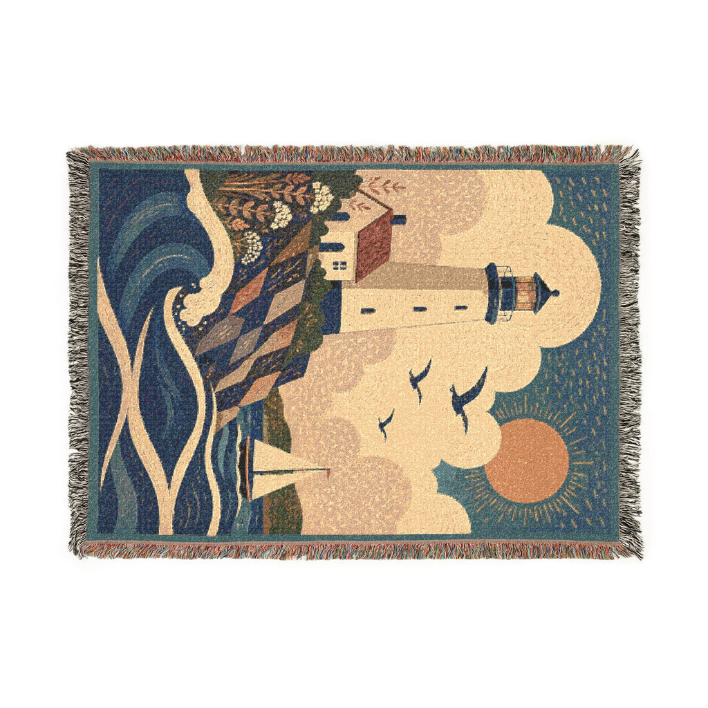 Lighthouse Coastal Woven Blanket — Nautical Sunset Throw