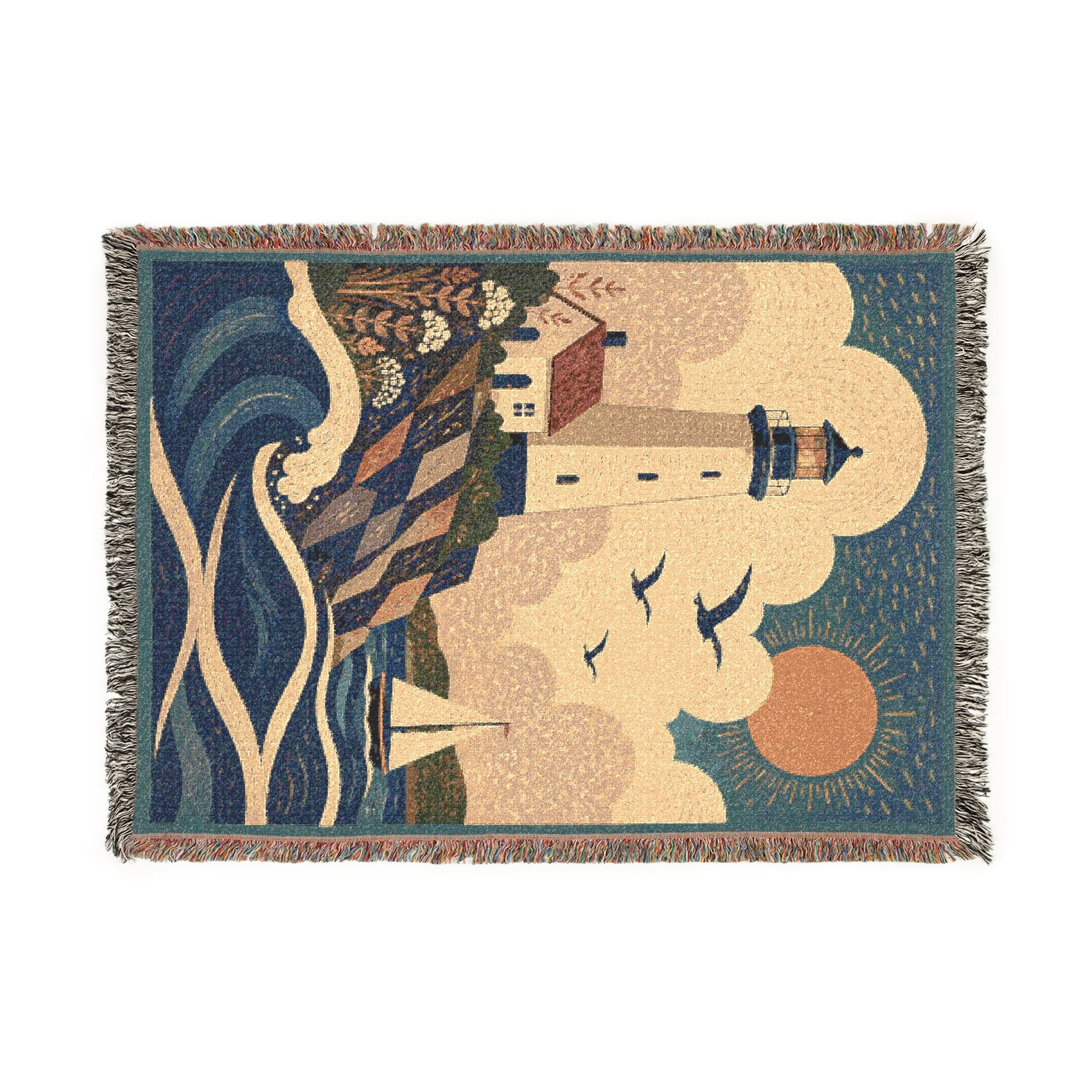 Lighthouse Coastal Woven Blanket — Nautical Sunset Throw