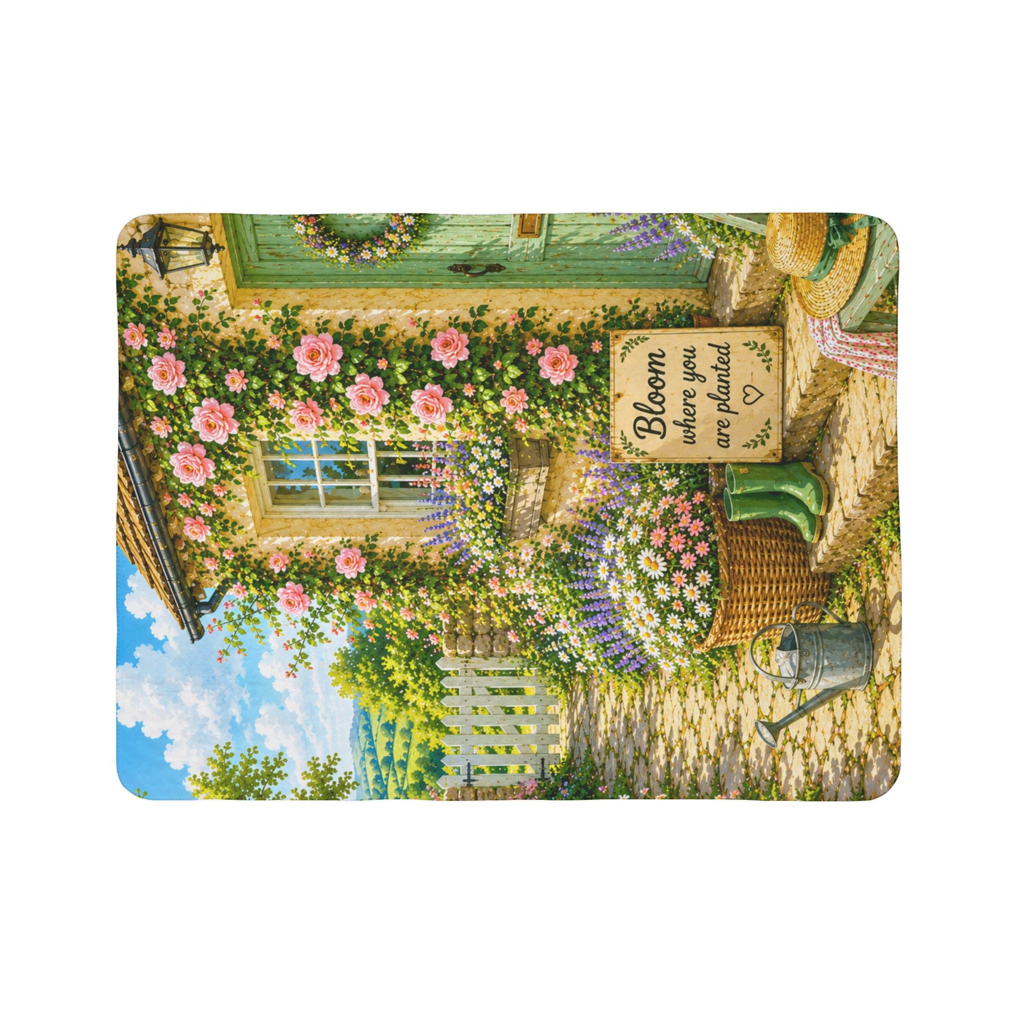 Bloom Where You’re Planted Sherpa Blanket — Cottage Garden Floral Fleece Throw
