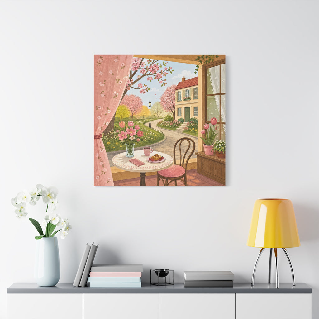 Spring Cottage Café Canvas Wall Art — Cozy Window Scene with Flowers and Pastries