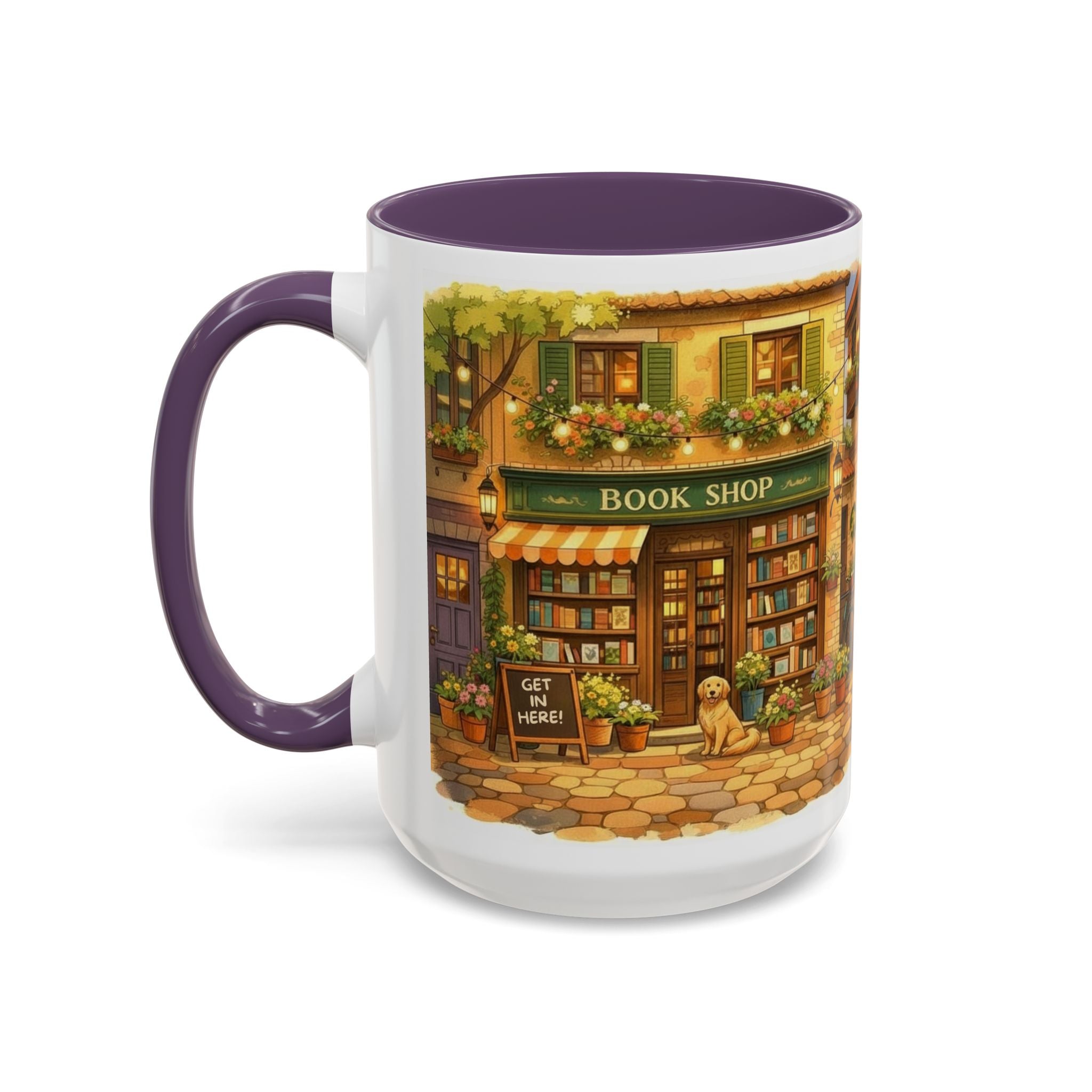 Bookshop Coffee Mug — Cozy Village Bookstore Illustration Accent Mug for Book and Dog Lovers (15oz)