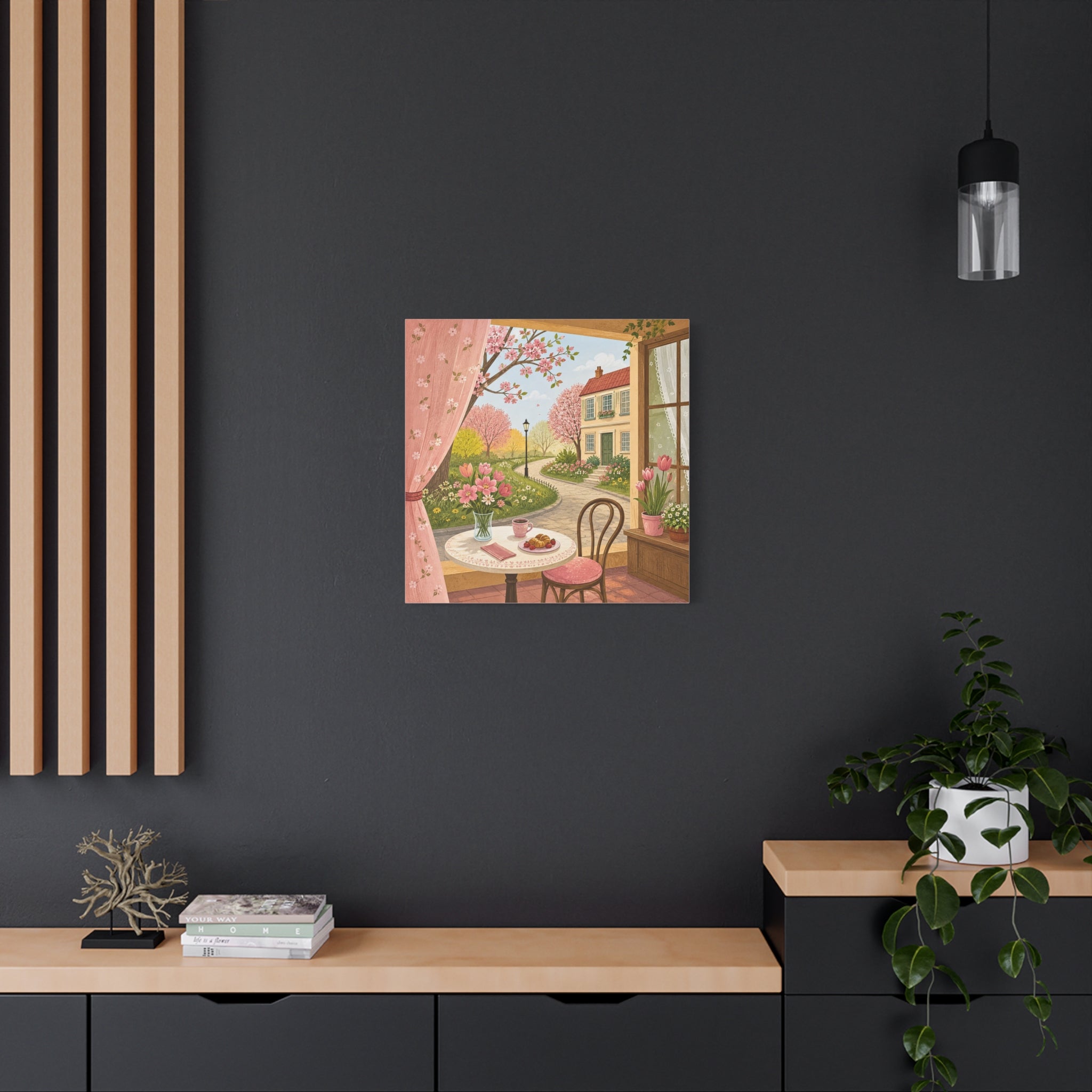 Spring Cottage Café Canvas Wall Art — Cozy Window Scene with Flowers and Pastries