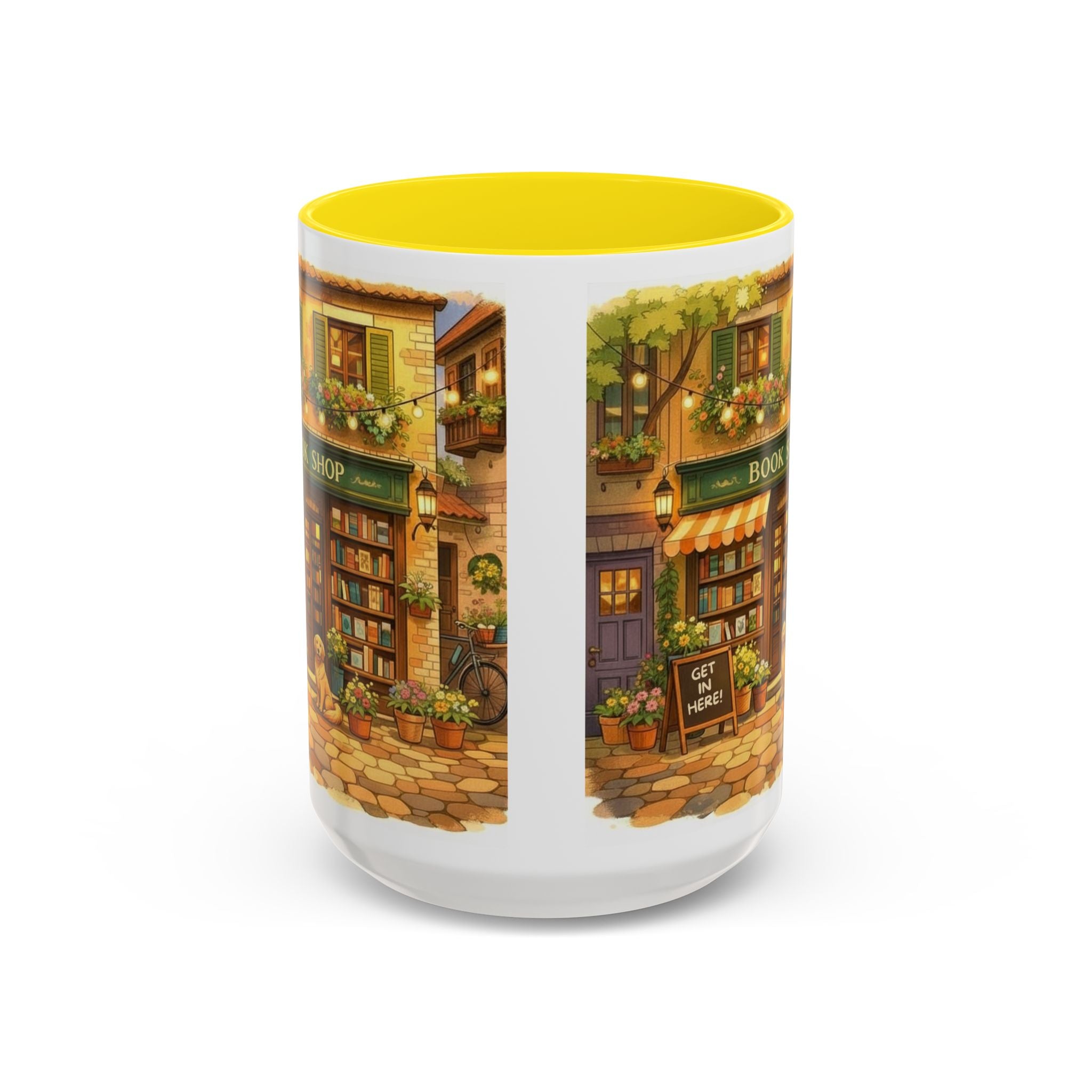 Bookshop Coffee Mug — Cozy Village Bookstore Illustration Accent Mug for Book and Dog Lovers (15oz)