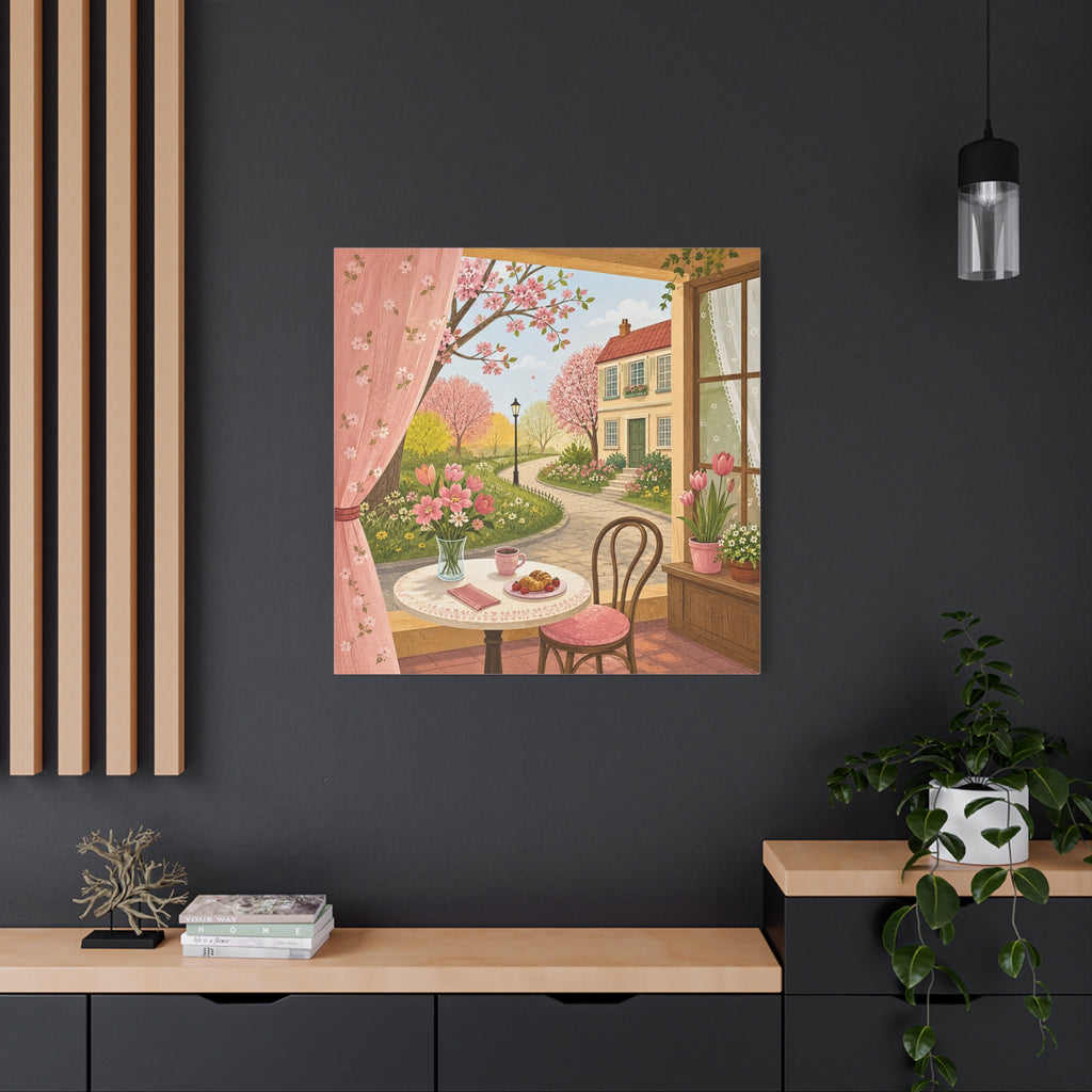 Spring Cottage Café Canvas Wall Art — Cozy Window Scene with Flowers and Pastries