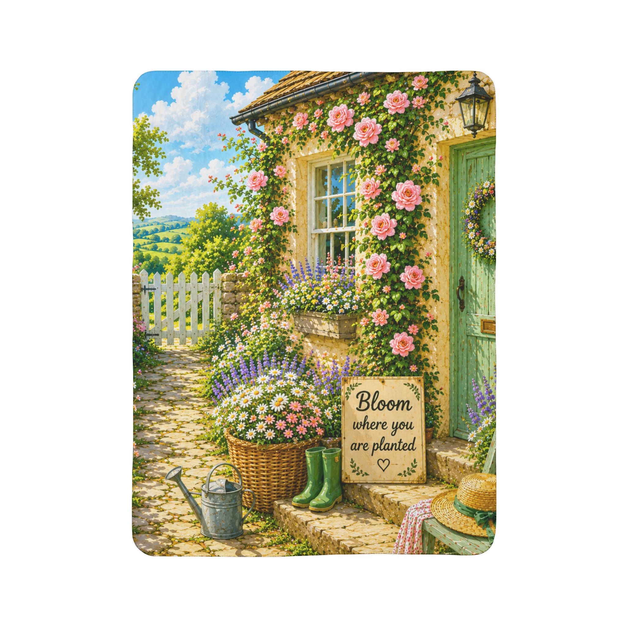Bloom Where You’re Planted Sherpa Blanket — Cottage Garden Floral Fleece Throw