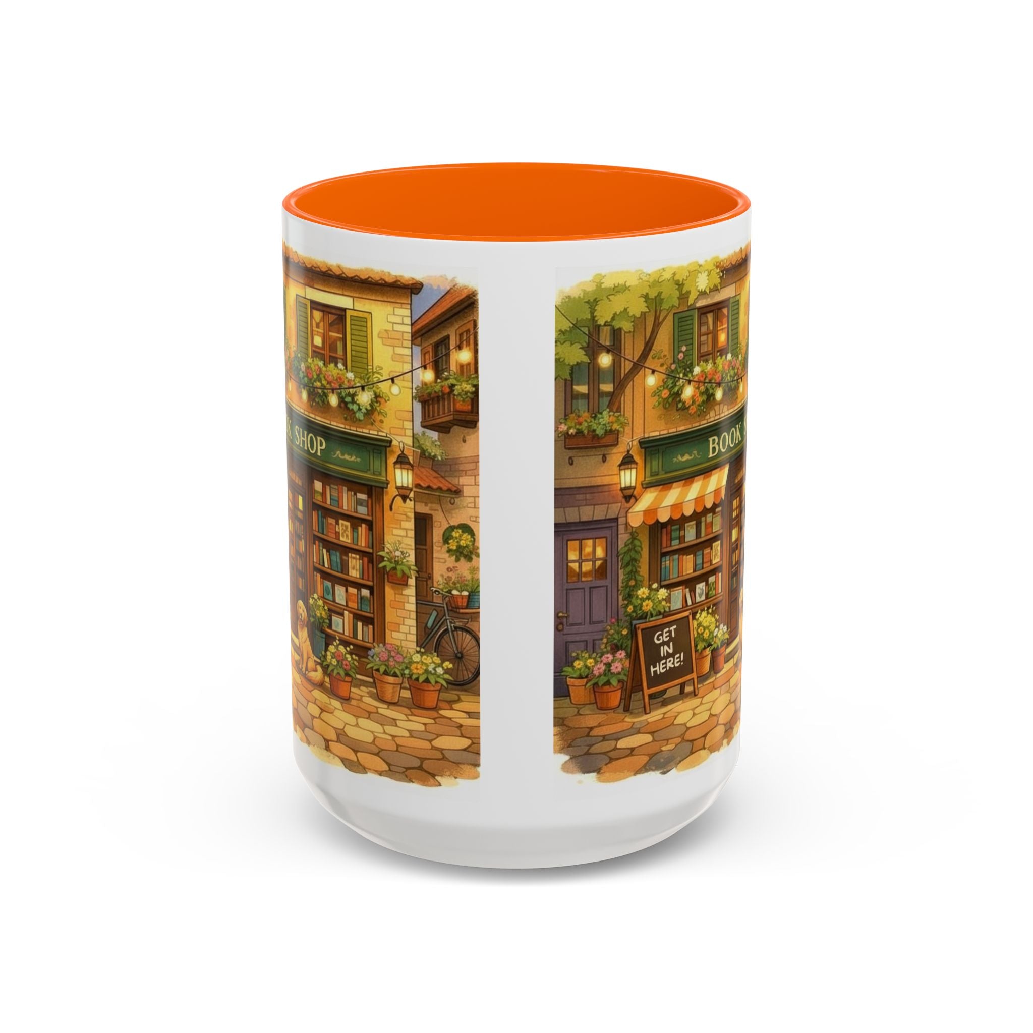 Bookshop Coffee Mug — Cozy Village Bookstore Illustration Accent Mug for Book and Dog Lovers (15oz)