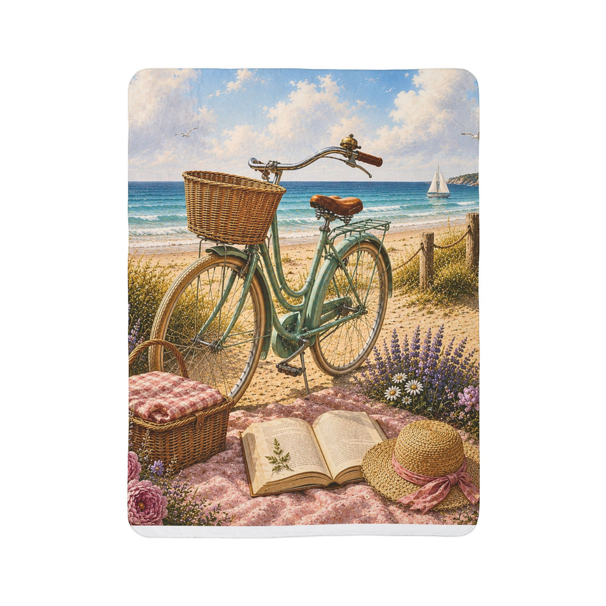 Sherpa Blanket — Coastal Bicycle Beach Scene Fleece Throw