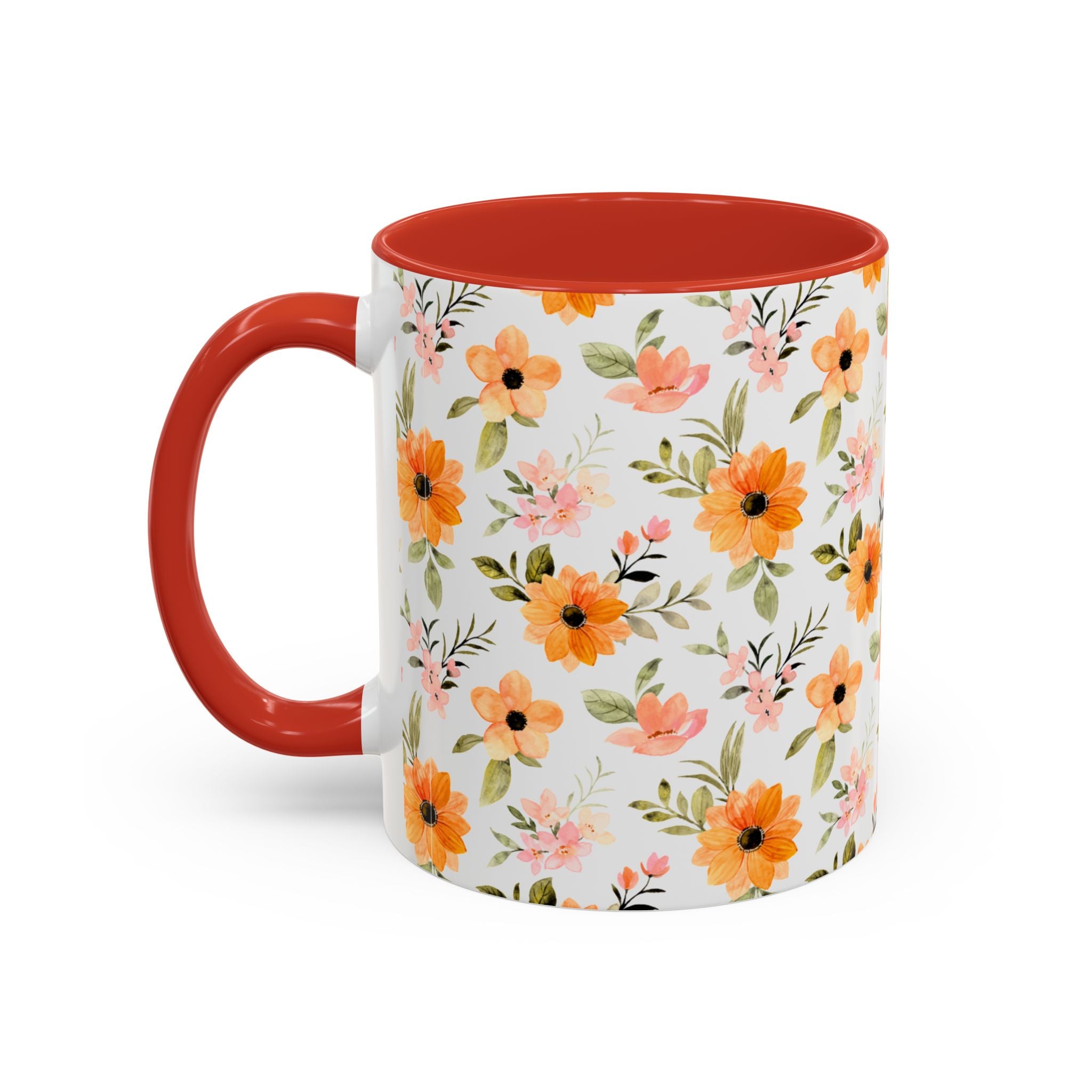 Floral Orange Watercolor Accent Mug — Bright Spring Coffee Cup (11/15 oz)
