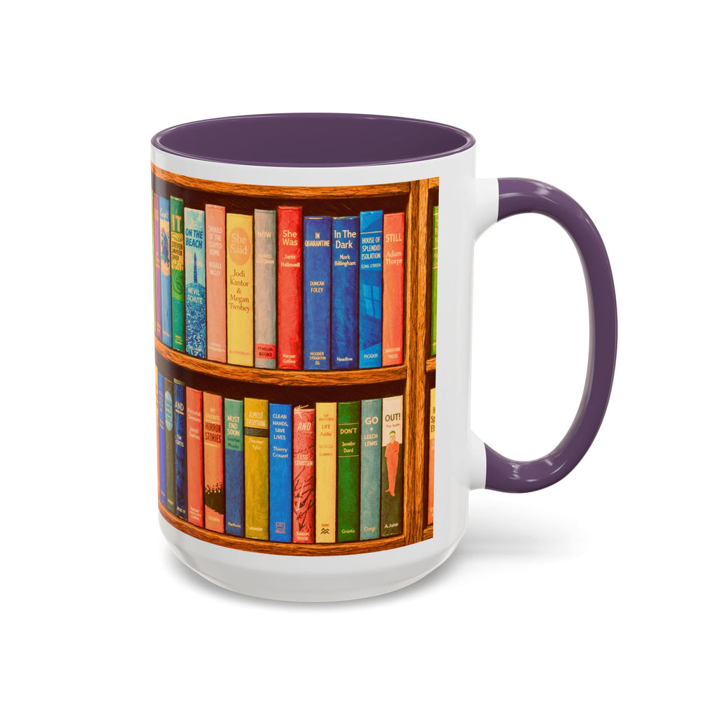 Booklover Accent Coffee Mug – Colorful Bookshelf Design (15 oz)