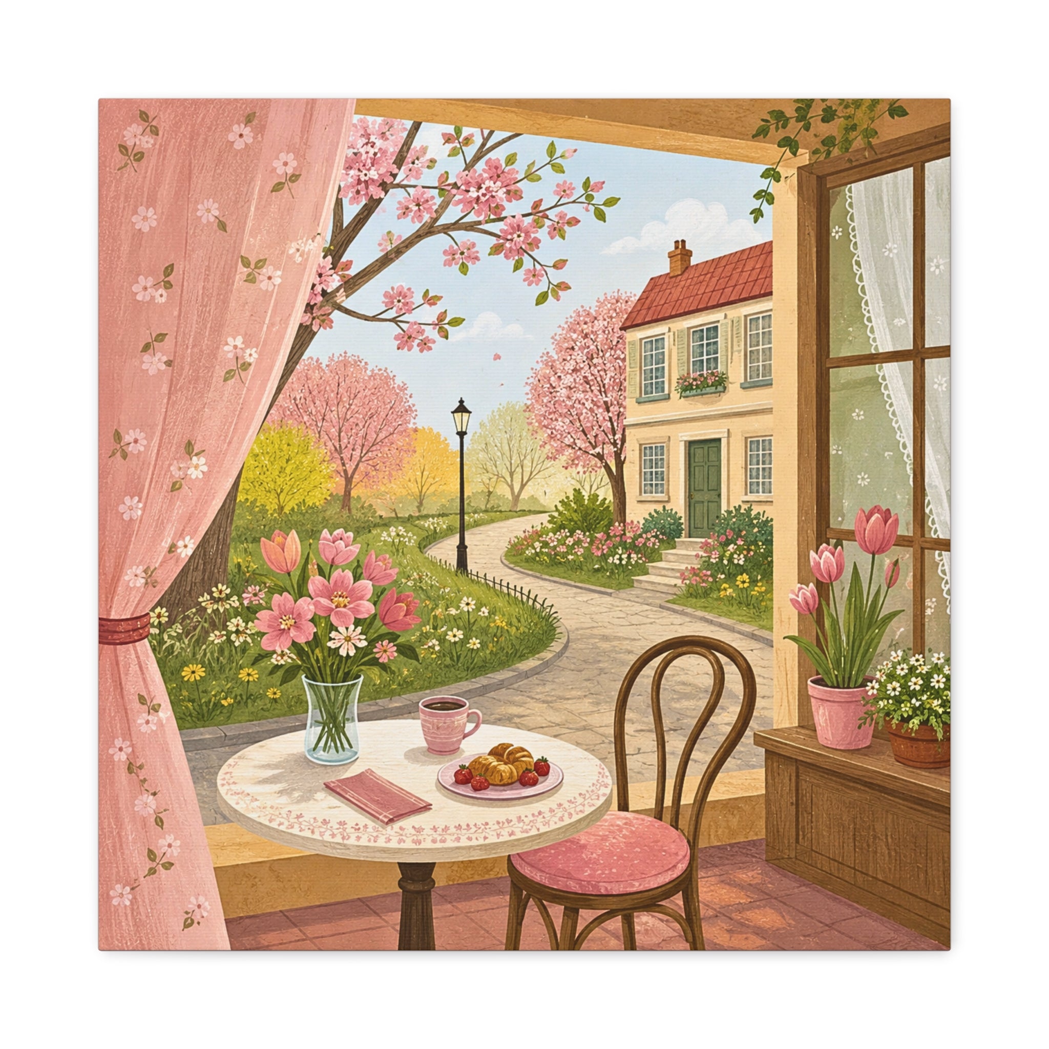 Spring Cottage Café Canvas Wall Art — Cozy Window Scene with Flowers and Pastries