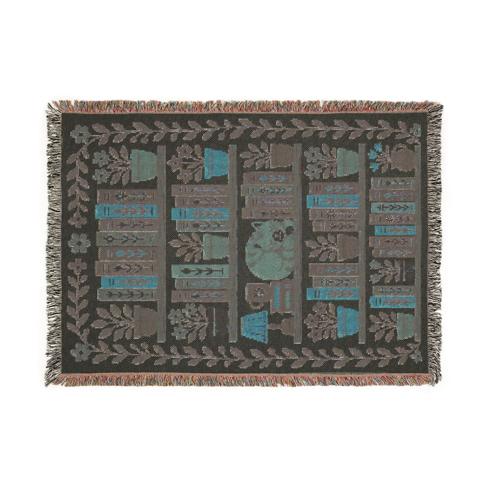 Library Bookcase with Cat Woven Throw Blanket — Cozy Reading Room Decor