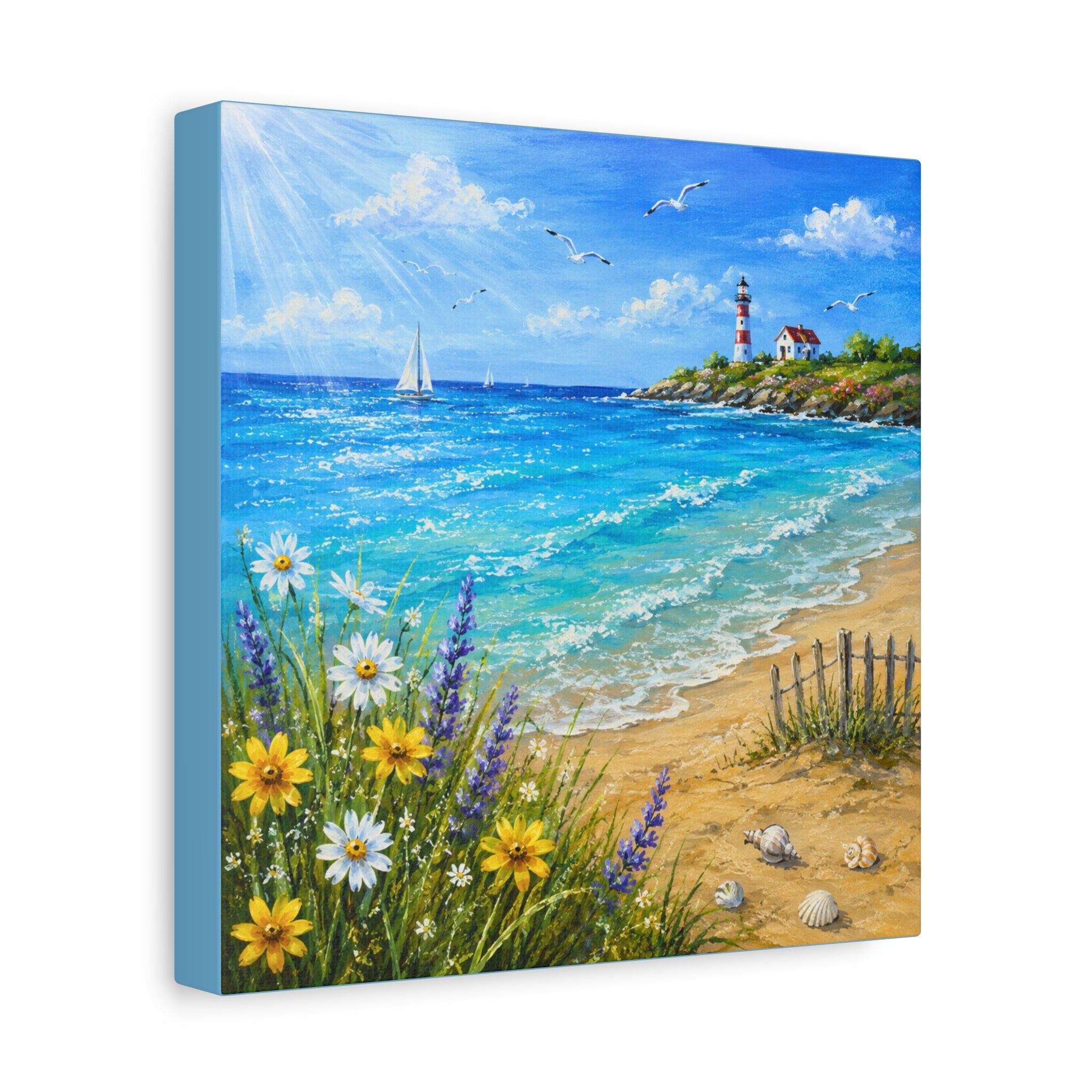 Coastal Lighthouse Beach Canvas Print — Seaside Floral Wall Art (Matte Stretched)