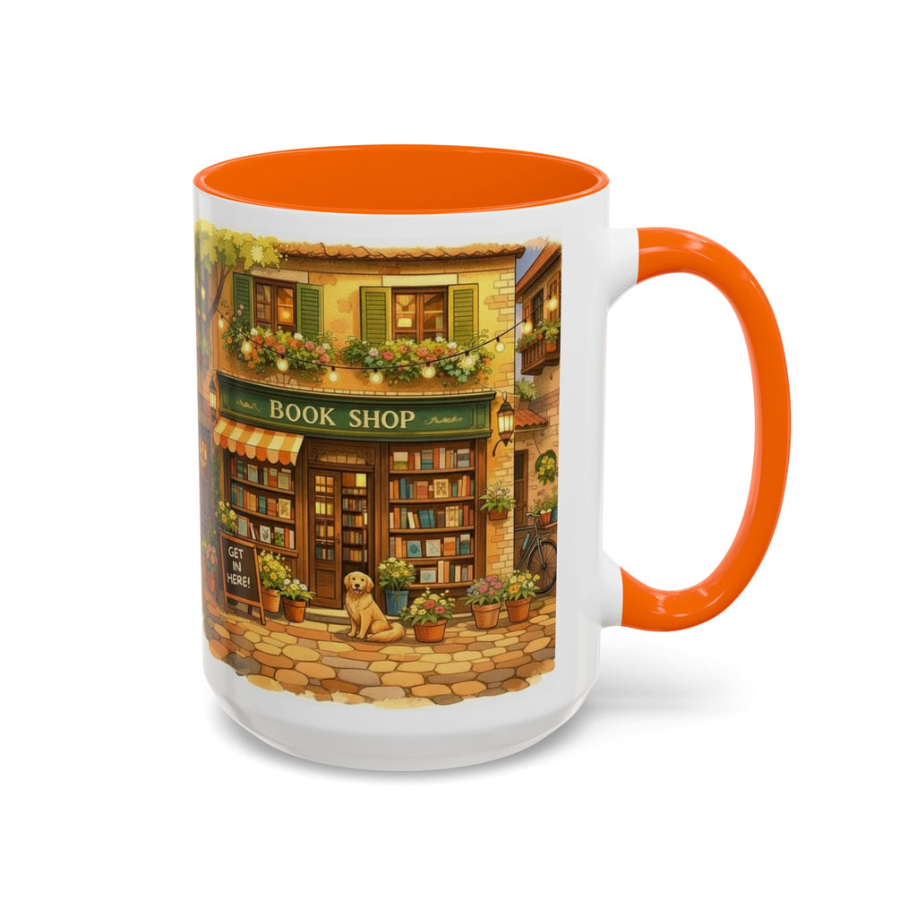 Bookshop Coffee Mug — Cozy Village Bookstore Illustration Accent Mug for Book and Dog Lovers (15oz)