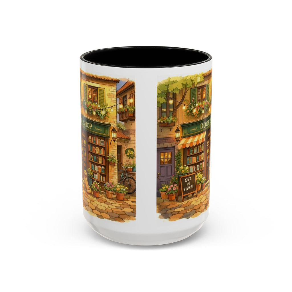 Bookshop Coffee Mug — Cozy Village Bookstore Illustration Accent Mug for Book and Dog Lovers (15oz)