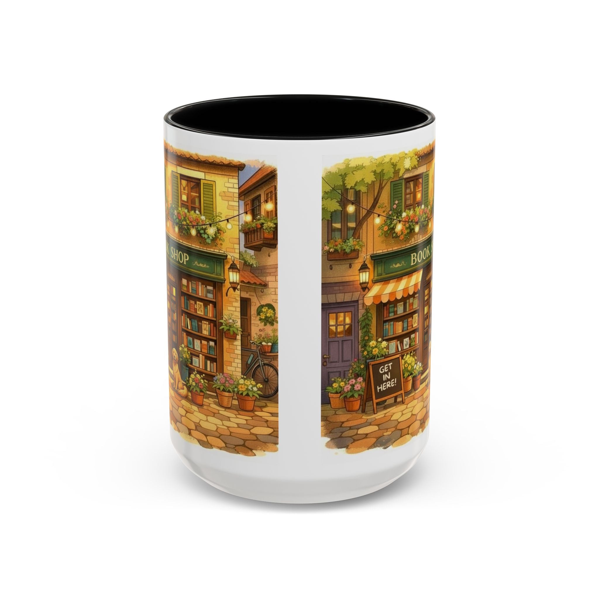Bookshop Coffee Mug — Cozy Village Bookstore Illustration Accent Mug for Book and Dog Lovers (15oz)
