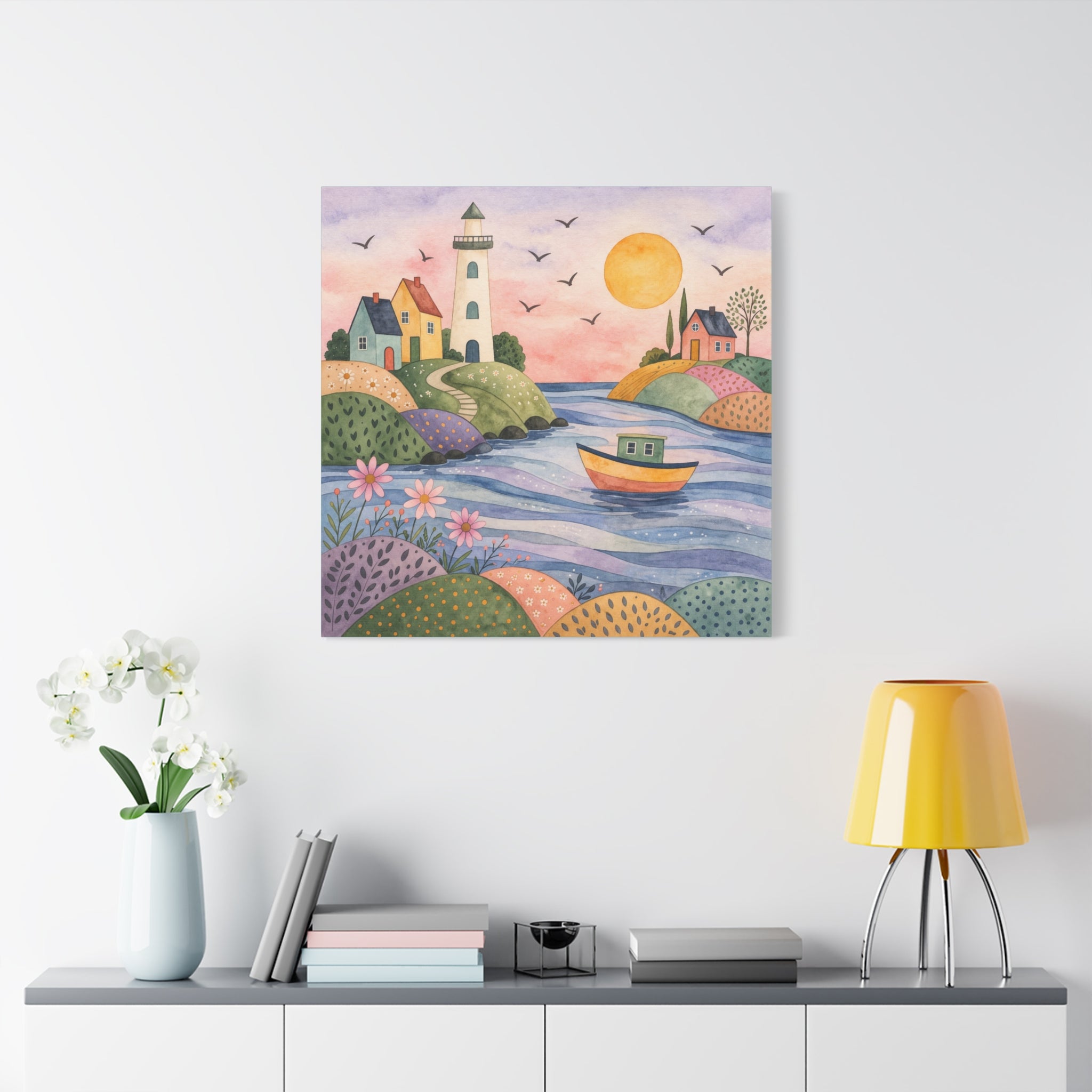 Coastal Lighthouse Art Canvas - Whimsical Seaside Watercolor Wall Decor
