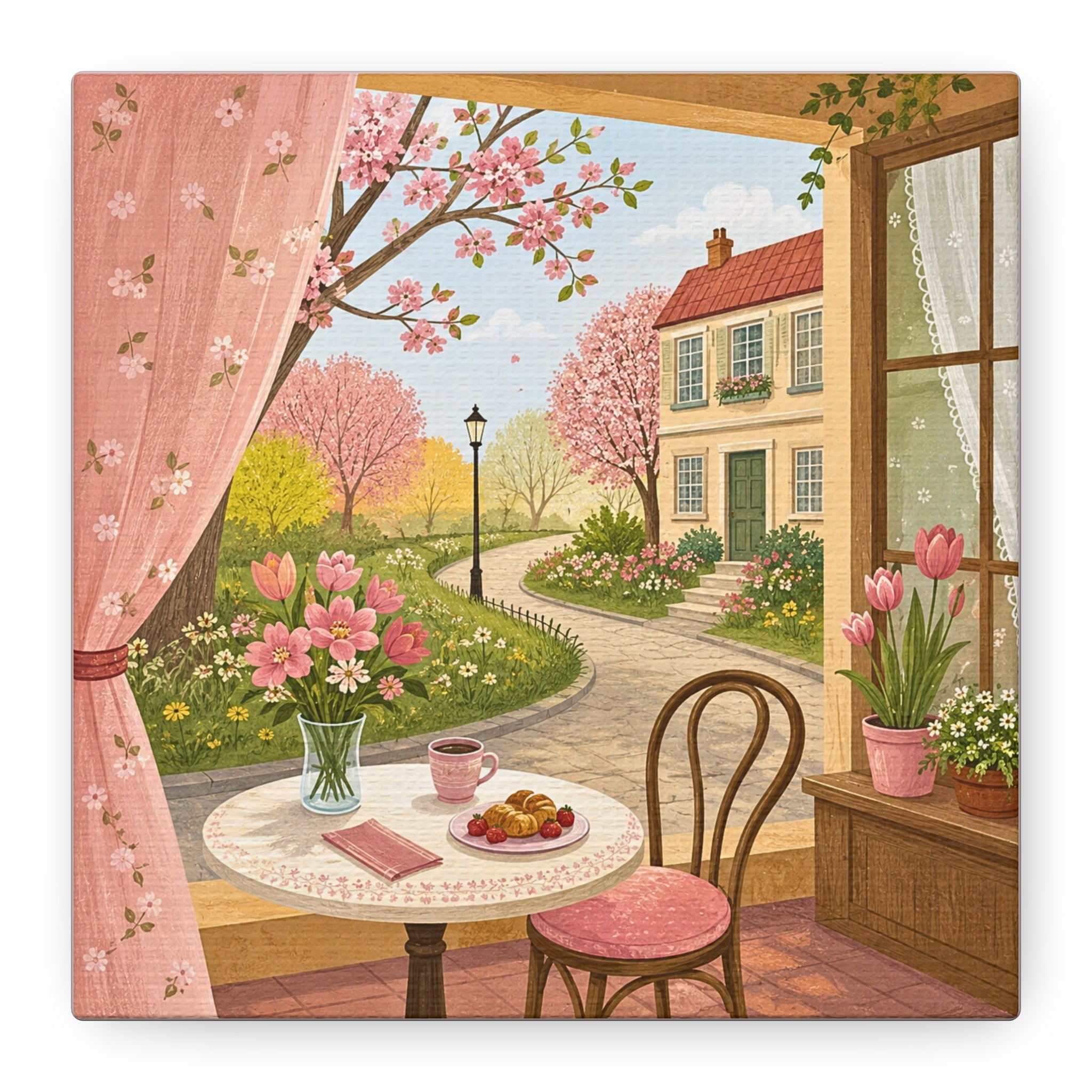 Spring Cottage Café Canvas Wall Art — Cozy Window Scene with Flowers and Pastries