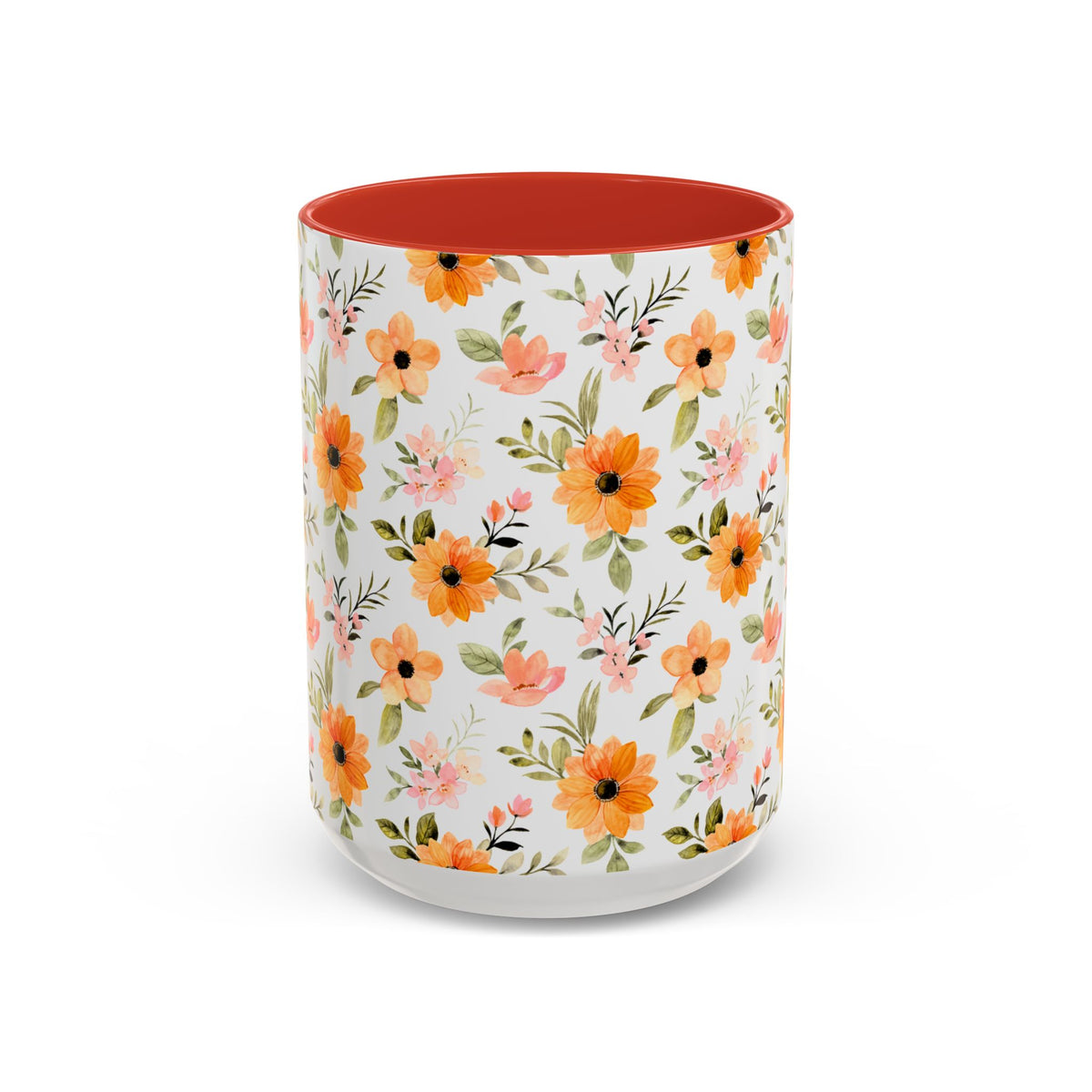Floral Orange Watercolor Accent Mug — Bright Spring Coffee Cup (11/15 oz)