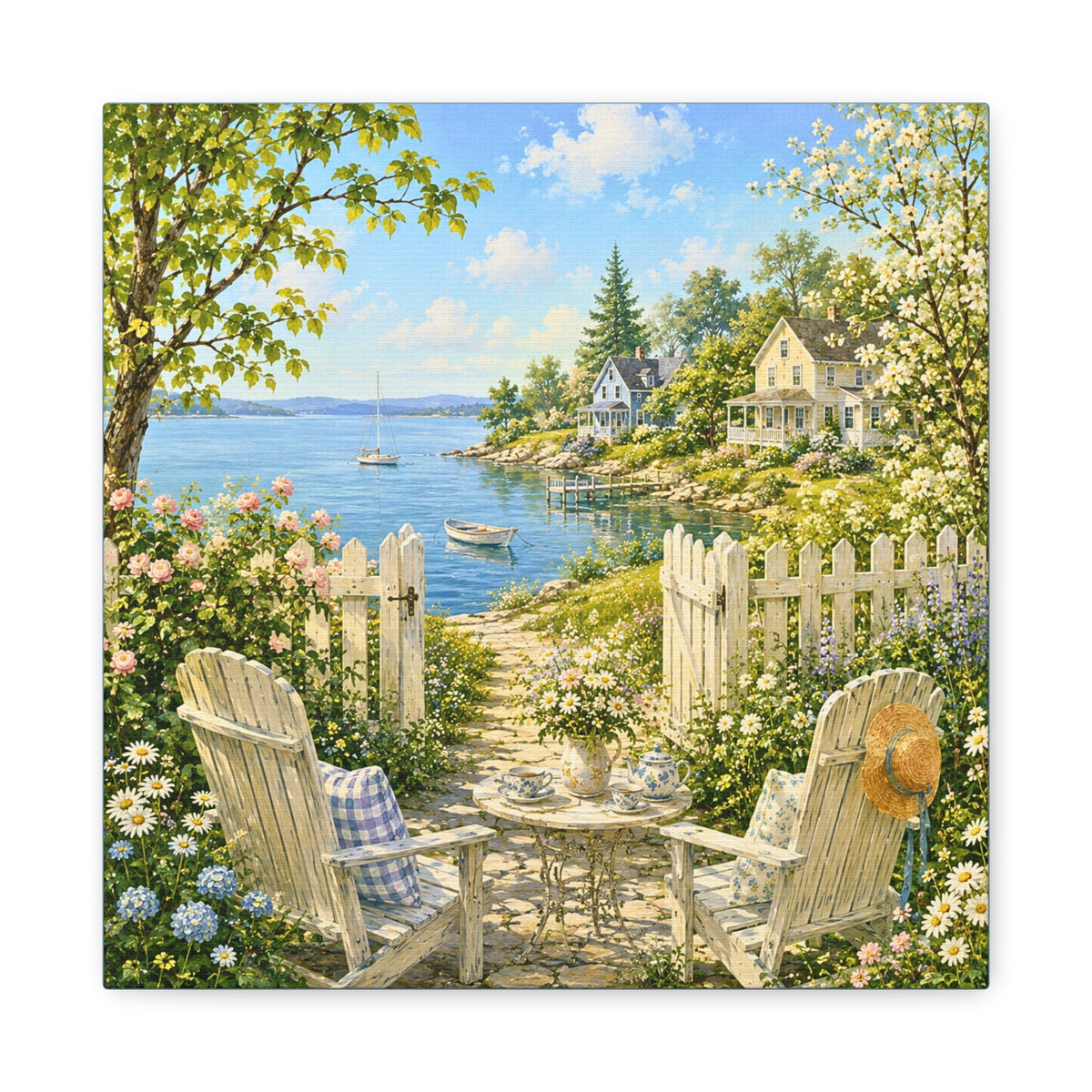 Seaside Cottage Canvas Art – Sunny Coastal Garden Path Matte Stretched Wall Decor