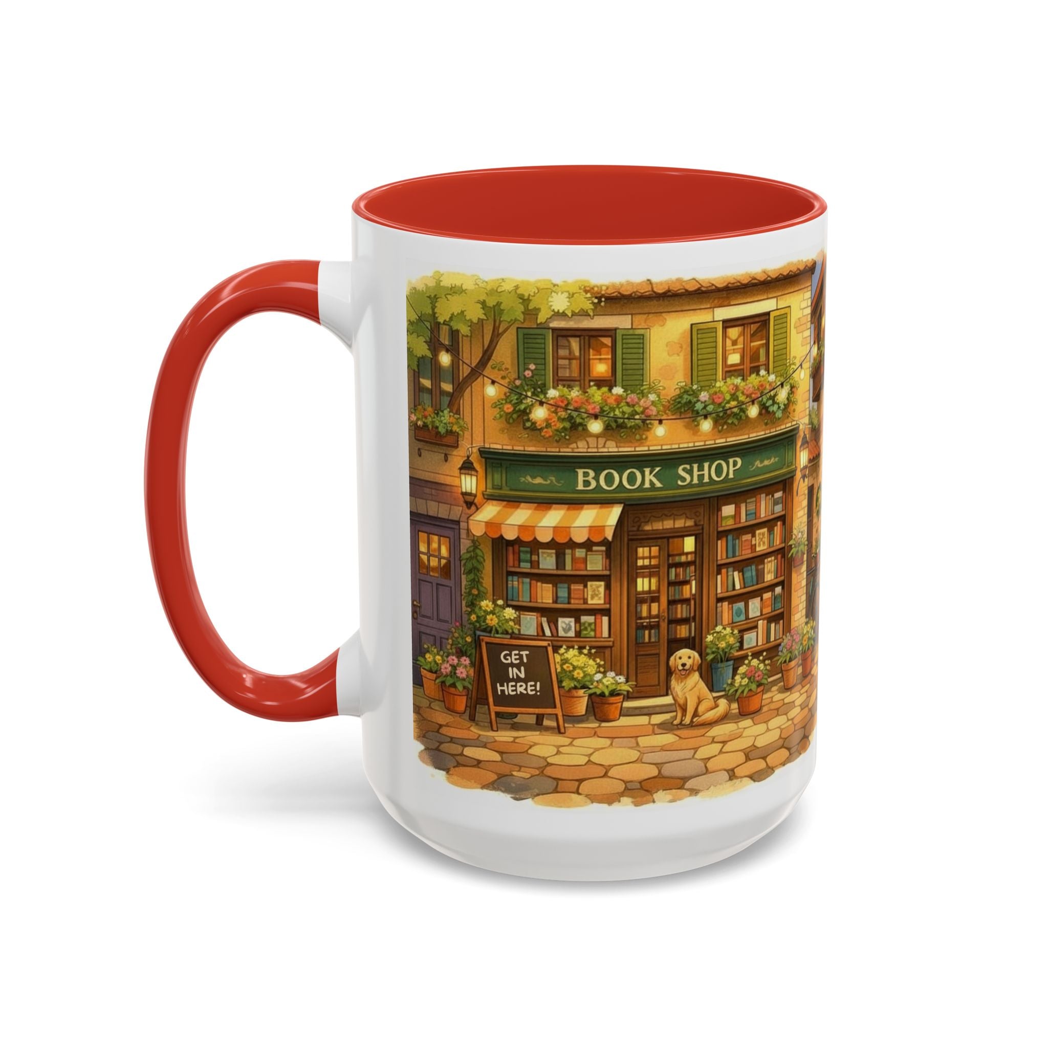 Bookshop Coffee Mug — Cozy Village Bookstore Illustration Accent Mug for Book and Dog Lovers (15oz)