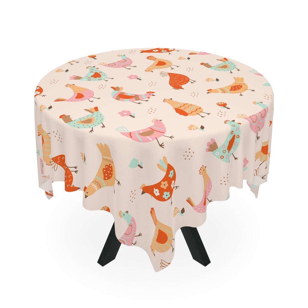 Whimsical Pastel Chicken Tablecloth – Cute Farmhouse Kitchen Decor