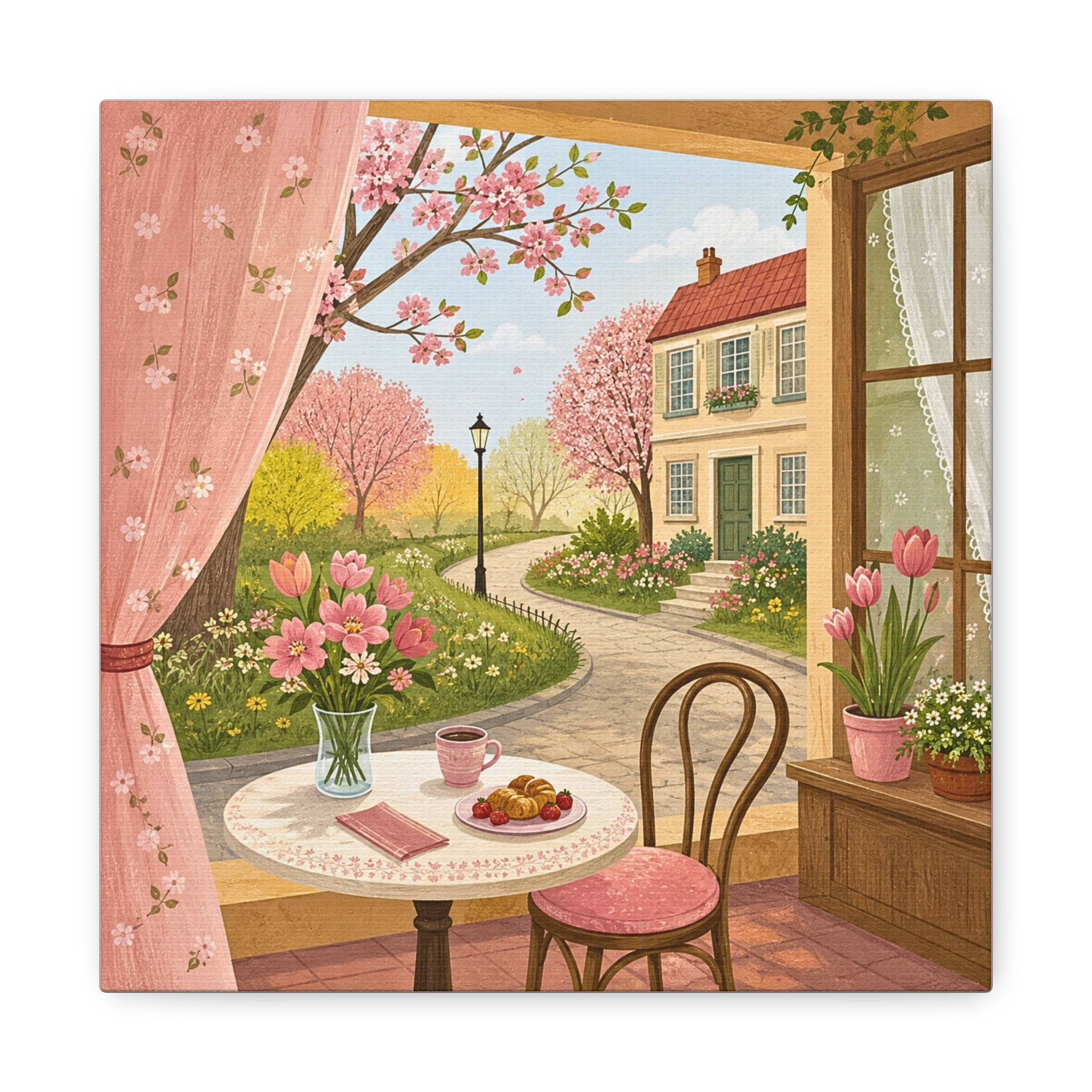 Spring Cottage Café Canvas Wall Art — Cozy Window Scene with Flowers and Pastries