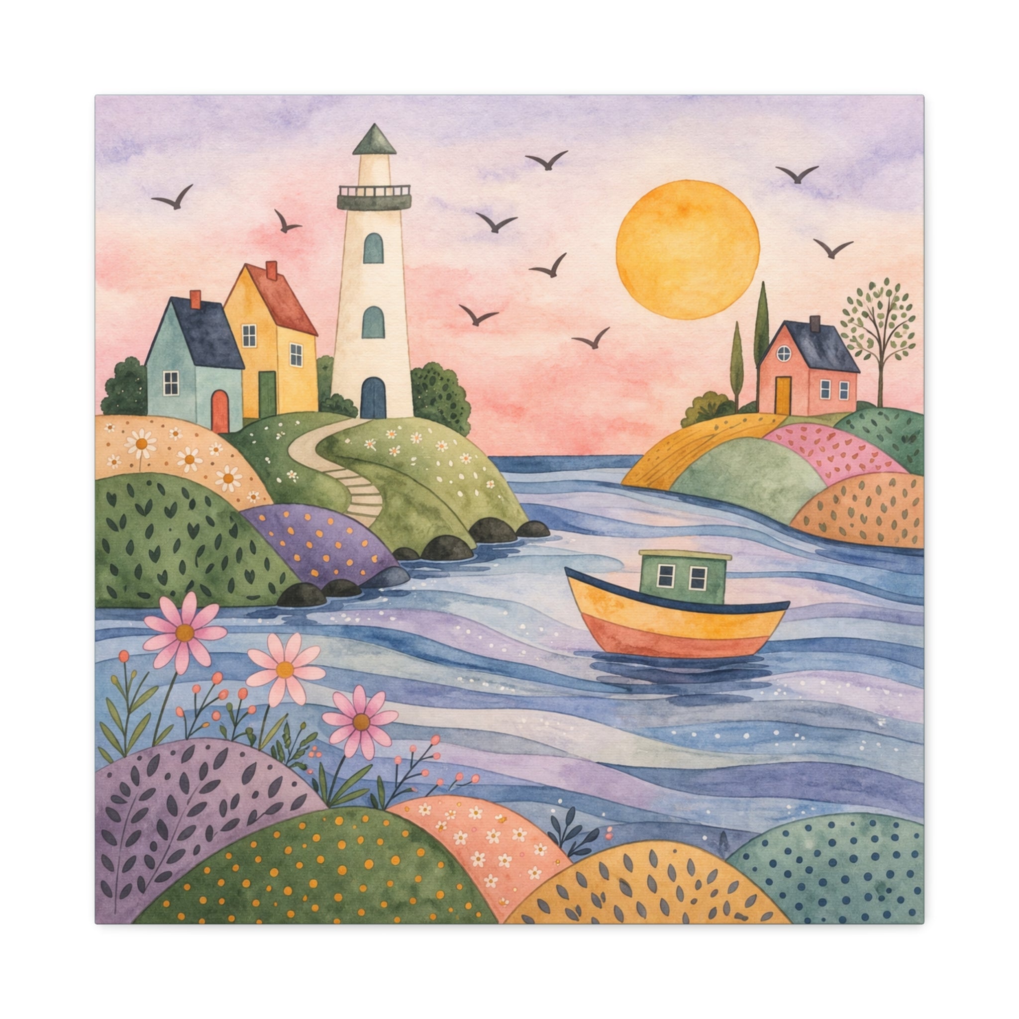 Coastal Lighthouse Art Canvas - Whimsical Seaside Watercolor Wall Decor