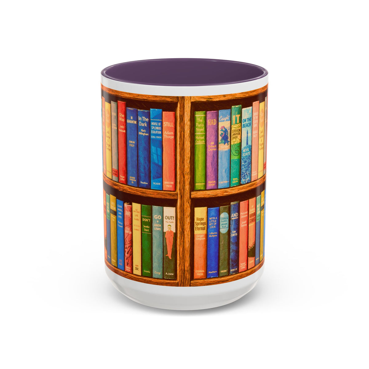Booklover Accent Coffee Mug – Colorful Bookshelf Design (15 oz)