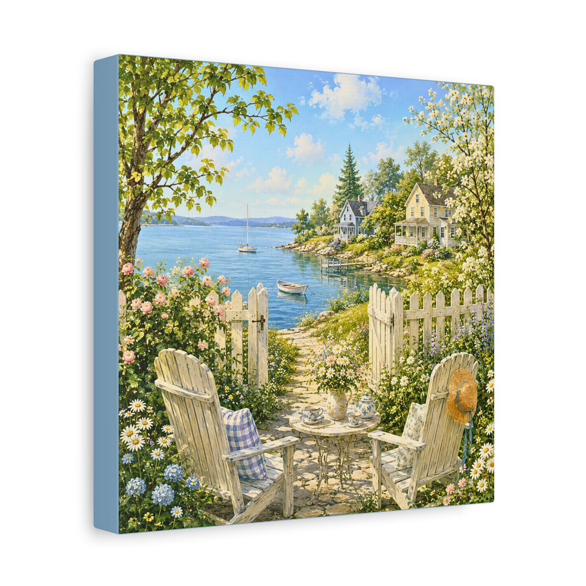 Seaside Cottage Canvas Art – Sunny Coastal Garden Path Matte Stretched Wall Decor