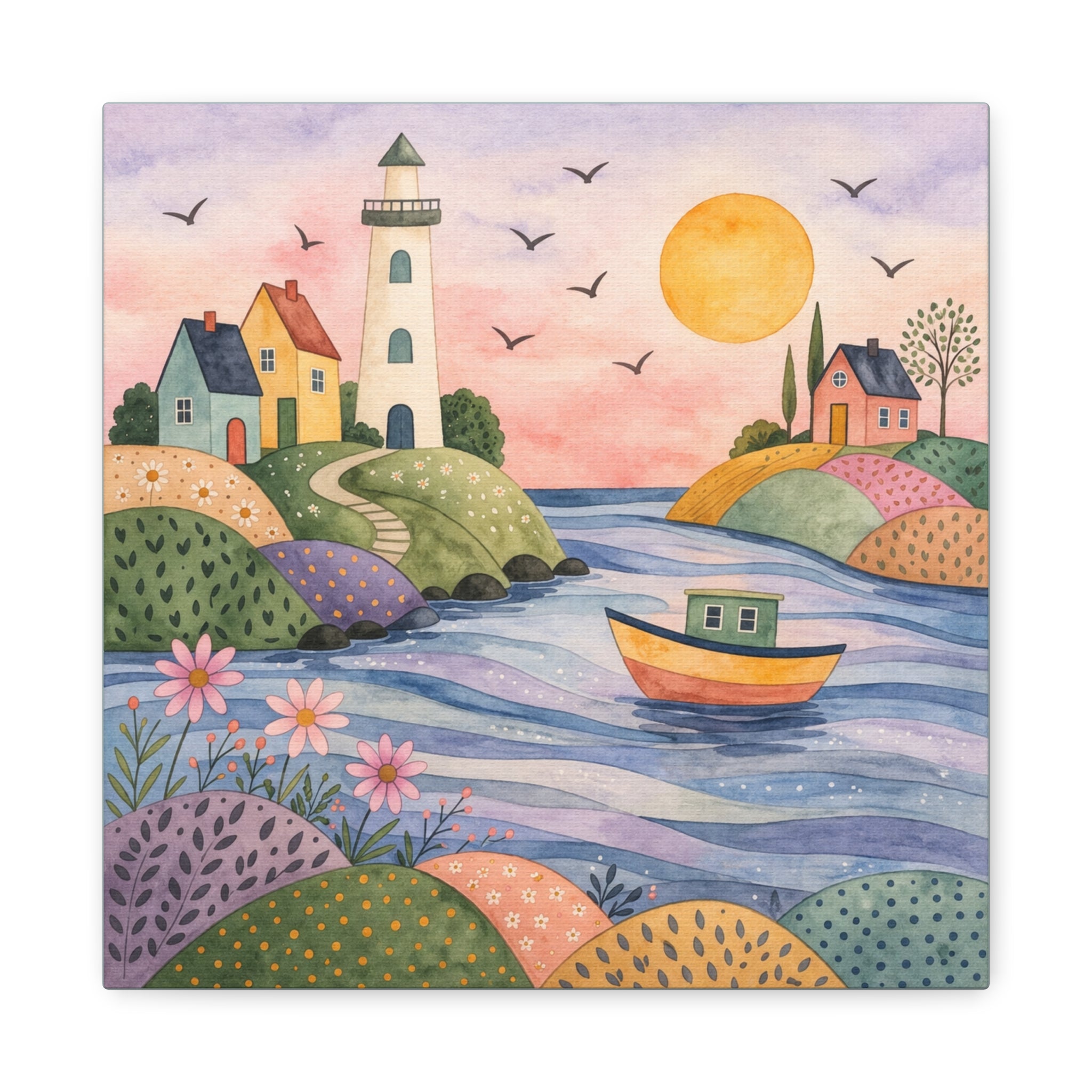Coastal Lighthouse Art Canvas - Whimsical Seaside Watercolor Wall Decor