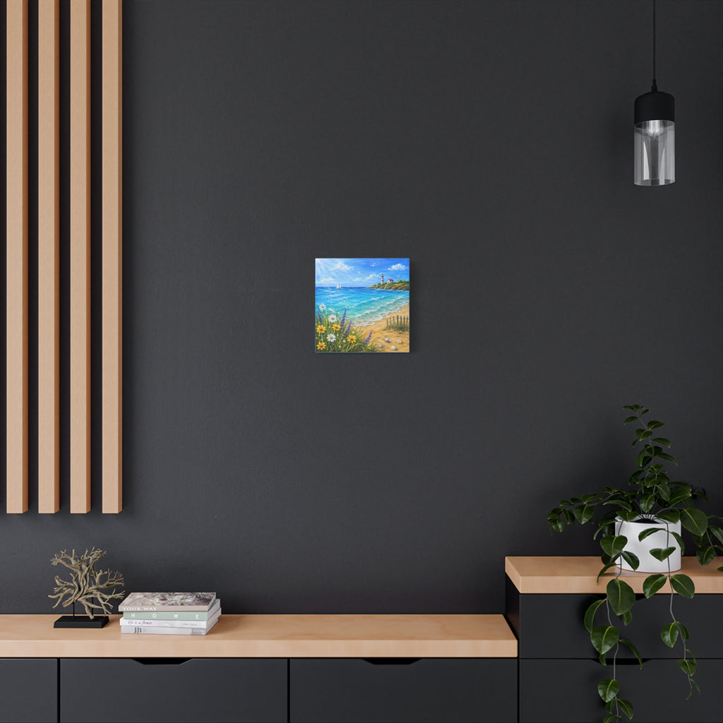 Coastal Lighthouse Beach Canvas Print — Seaside Floral Wall Art (Matte Stretched)