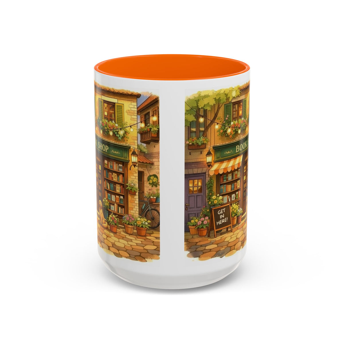Bookshop Coffee Mug — Cozy Village Bookstore Illustration Accent Mug for Book and Dog Lovers (15oz)