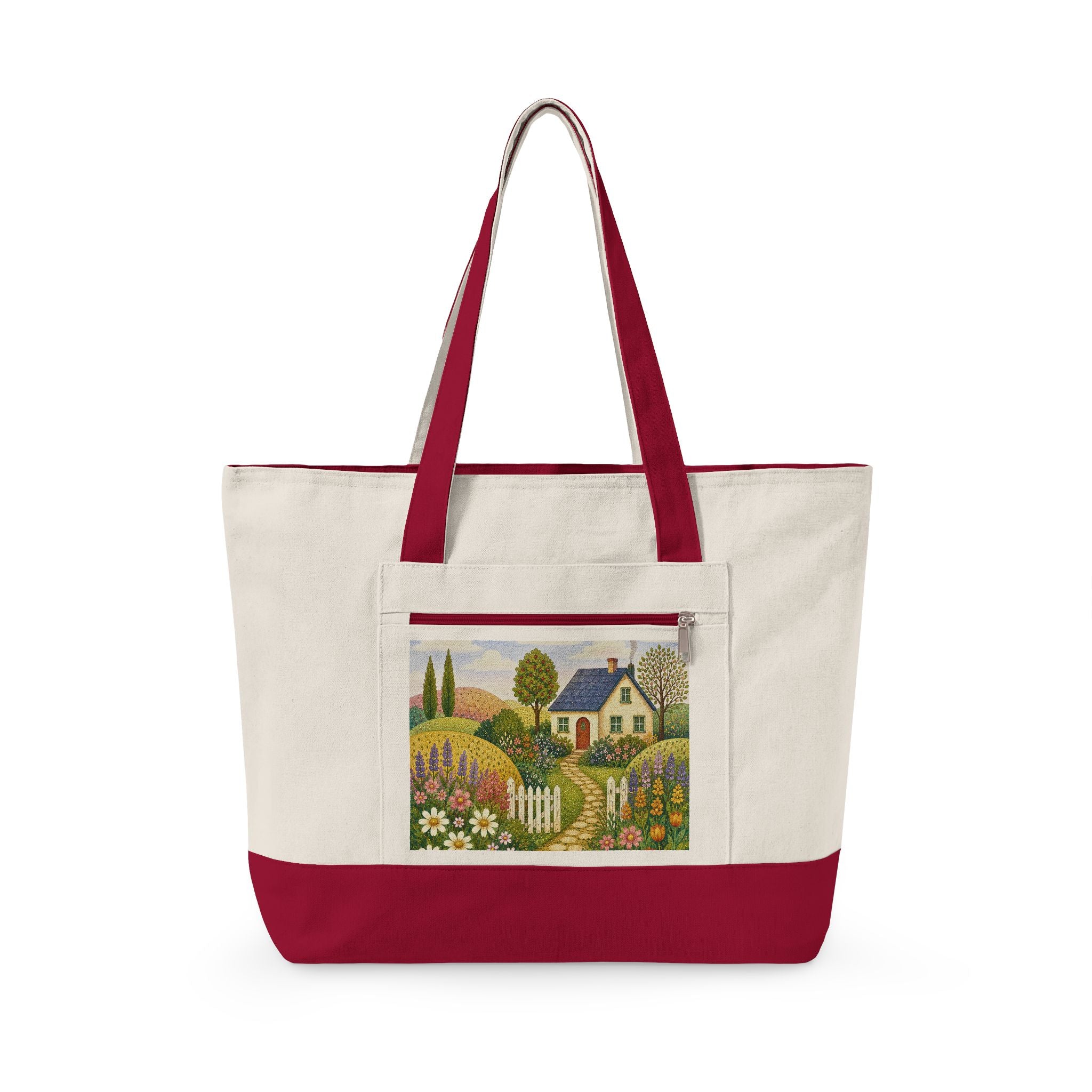 Canvas Tote Bag – Charming Cottage Garden illustration, Zippered Canvas Tote for Market, Beach & Everyday