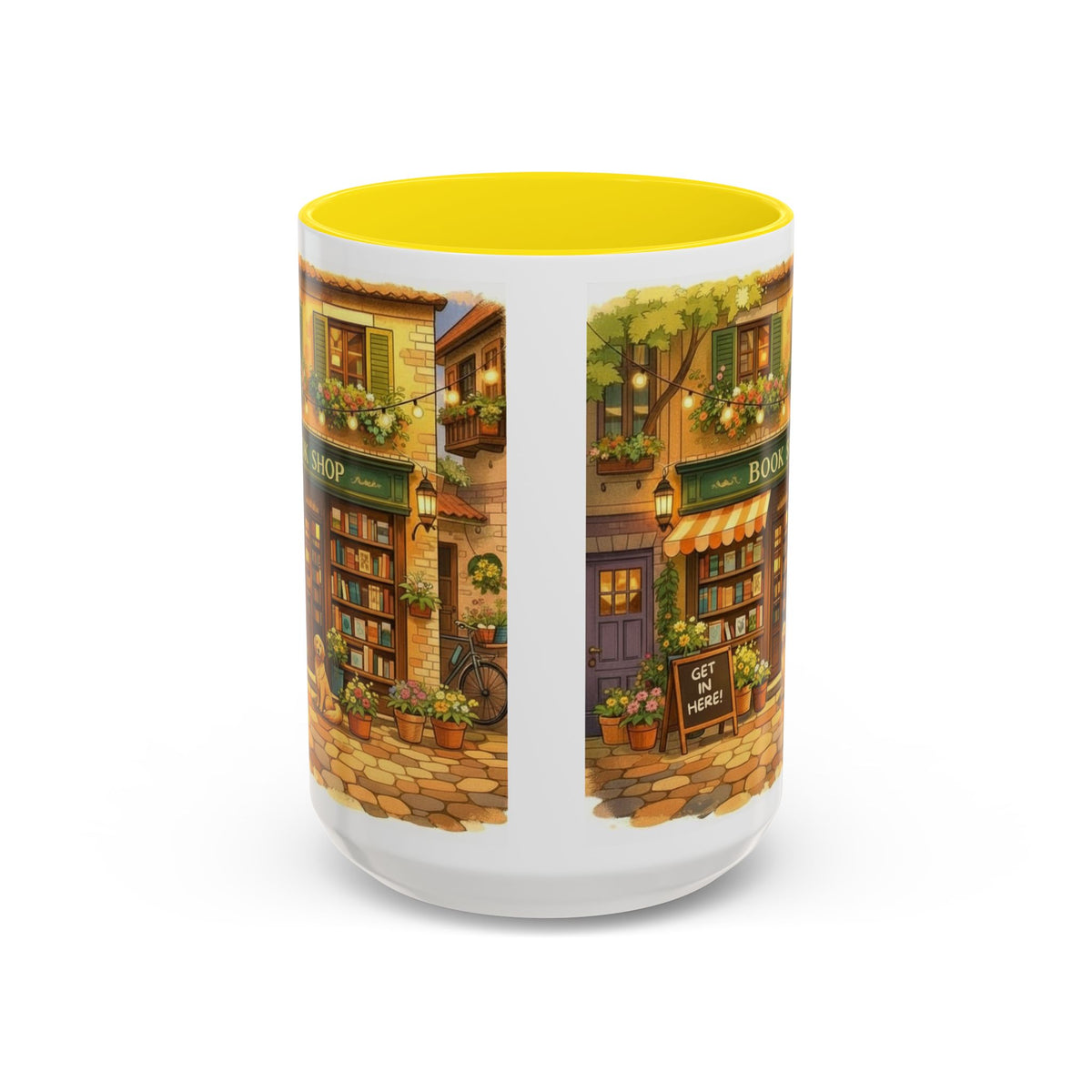 Bookshop Coffee Mug — Cozy Village Bookstore Illustration Accent Mug for Book and Dog Lovers (15oz)
