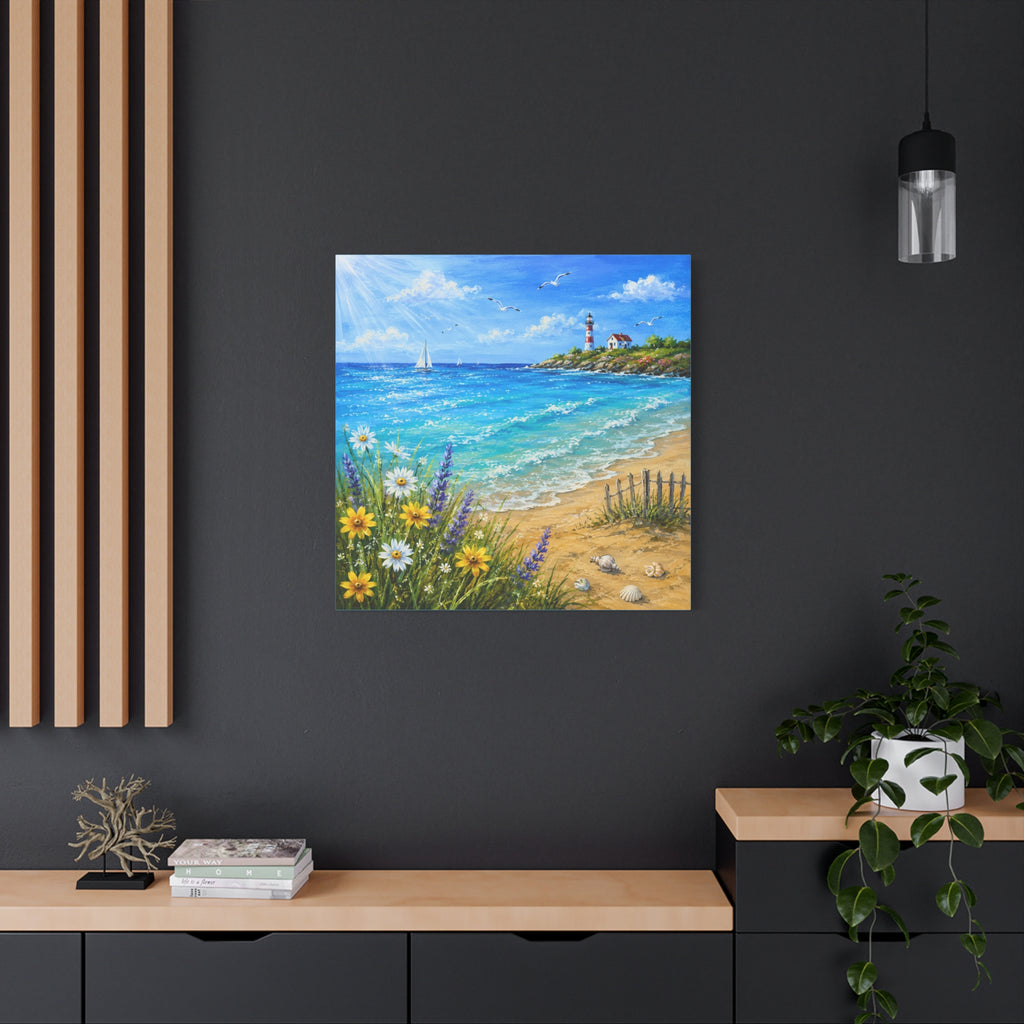 Coastal Lighthouse Beach Canvas Print — Seaside Floral Wall Art (Matte Stretched)